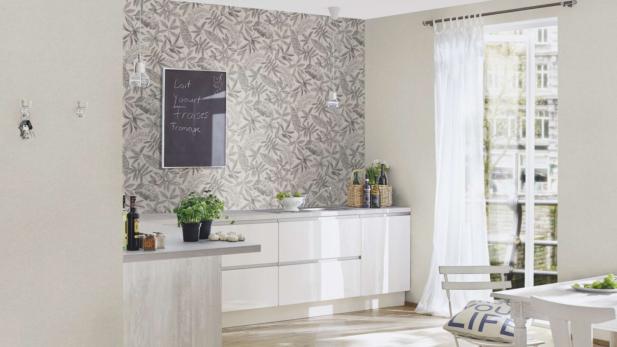 10-600575 Raumsituationen 4 Room with Wallpaper with large, sketched leaves in comic style