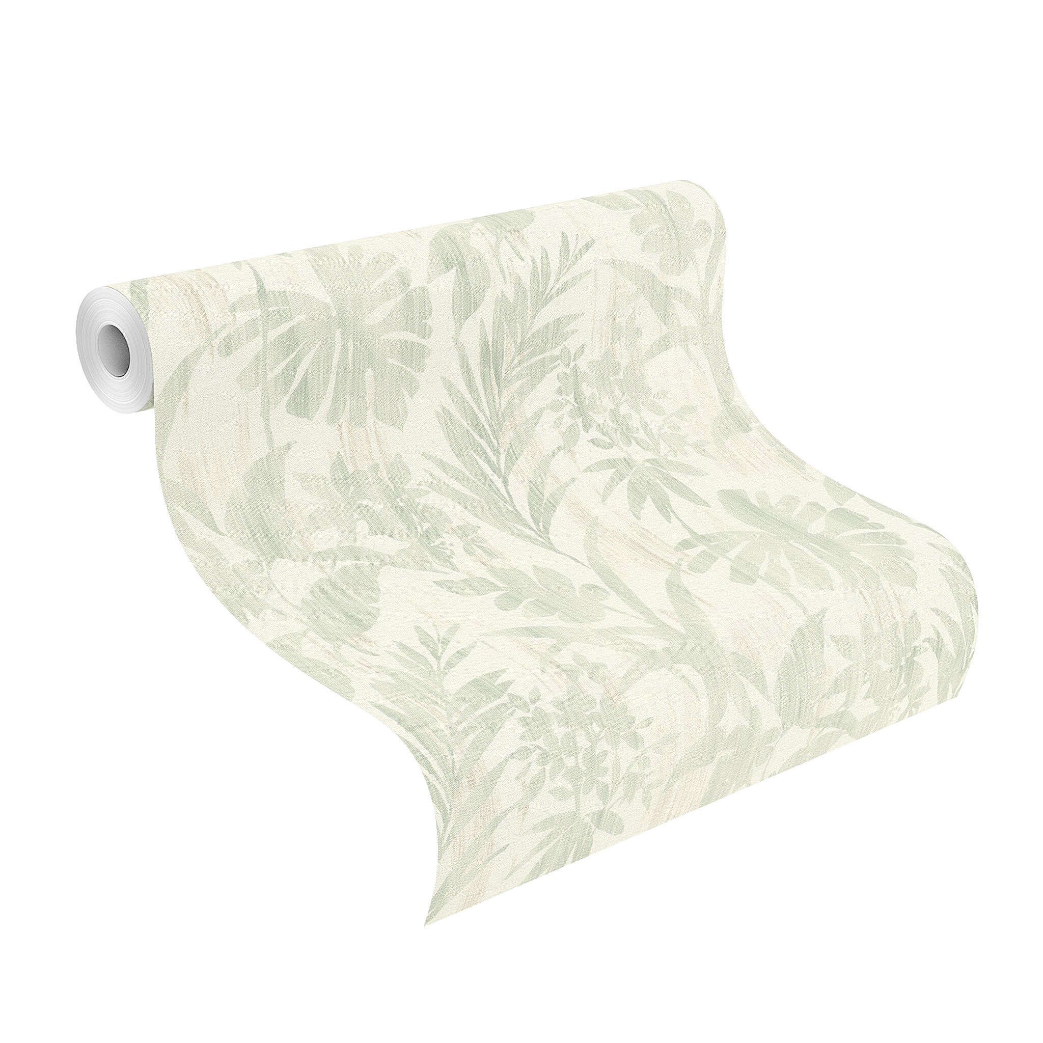 10-410587 Rolle abgerollt 1 Unrolled wallpaper roll with Non-woven wallpaper with tropical leaf pattern in mint green on a light background.