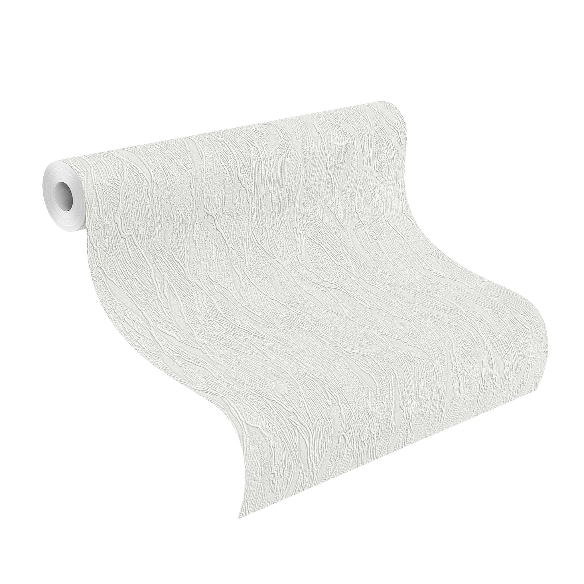 10-348125 Rolle abgerollt 1 Unrolled wallpaper roll with Finely textured wallpaper in white with an irregular plaster texture – lively and fresh.