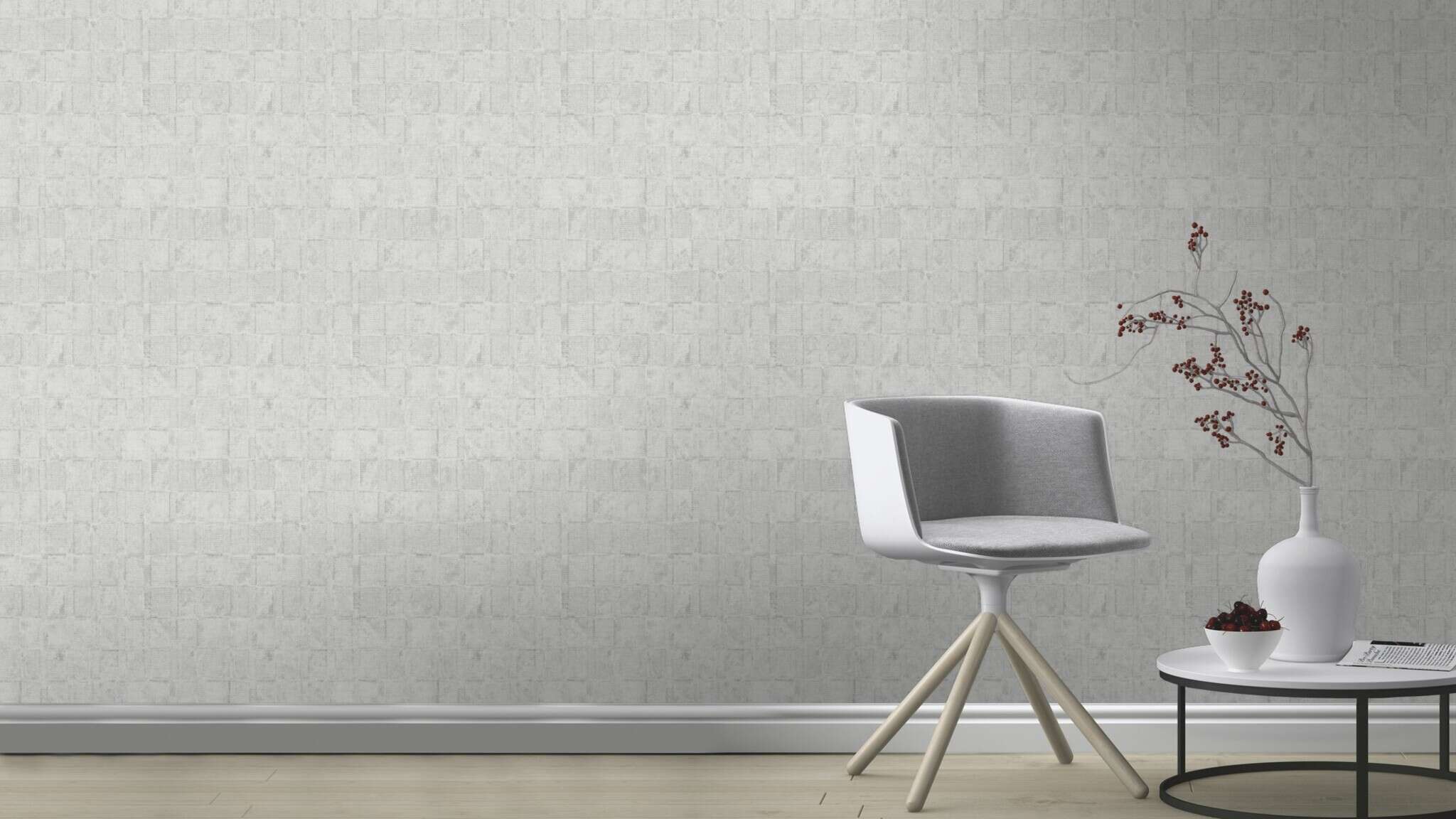10-314731 Raumsituationen 1 Room with Silver-grey non-woven wallpaper with a woven patchwork texture and a slightly raised look
