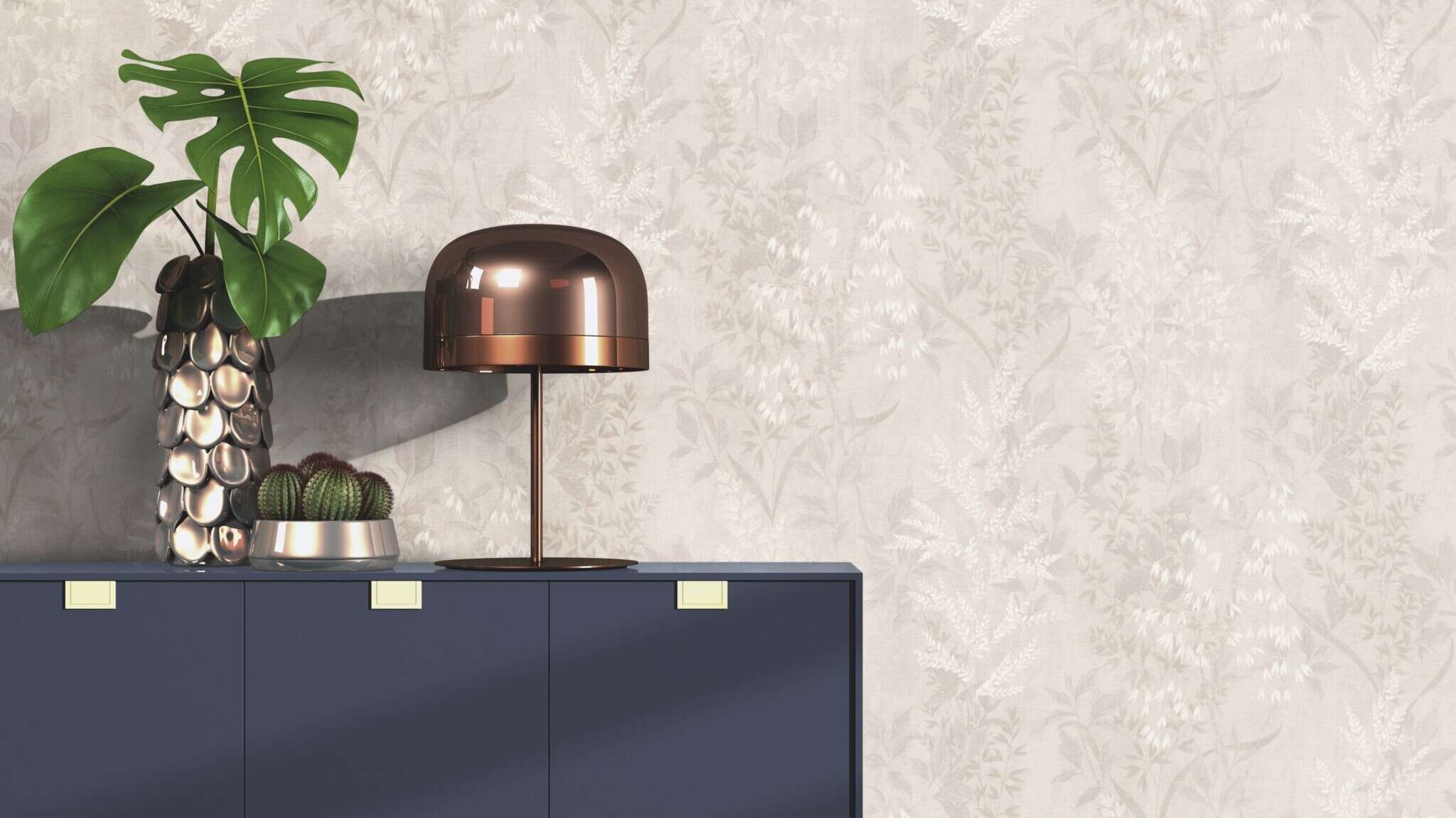 10-285000 Raumsituationen 1 Raum mit Dezente Tapete mit leicht glänzenden Blätterranken und floralen Elementen in Ton-in-Ton Beige