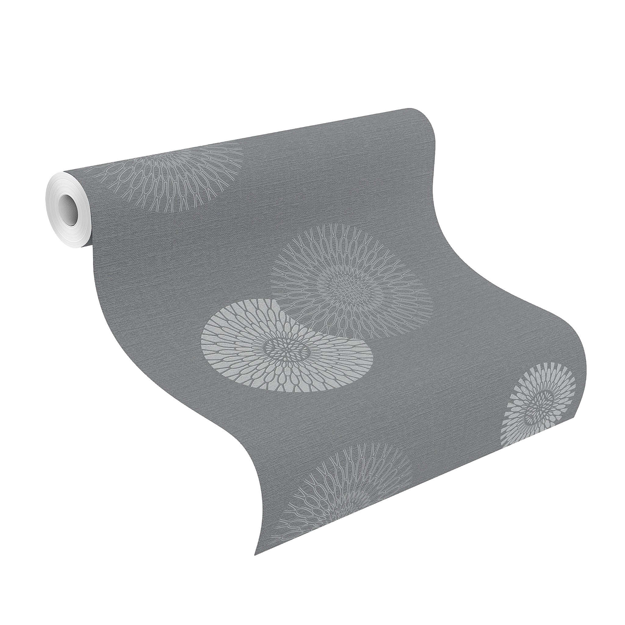 10-808803 Rolle abgerollt 1 Unrolled wallpaper roll with Wallpaper with stylised flowers and textile texture