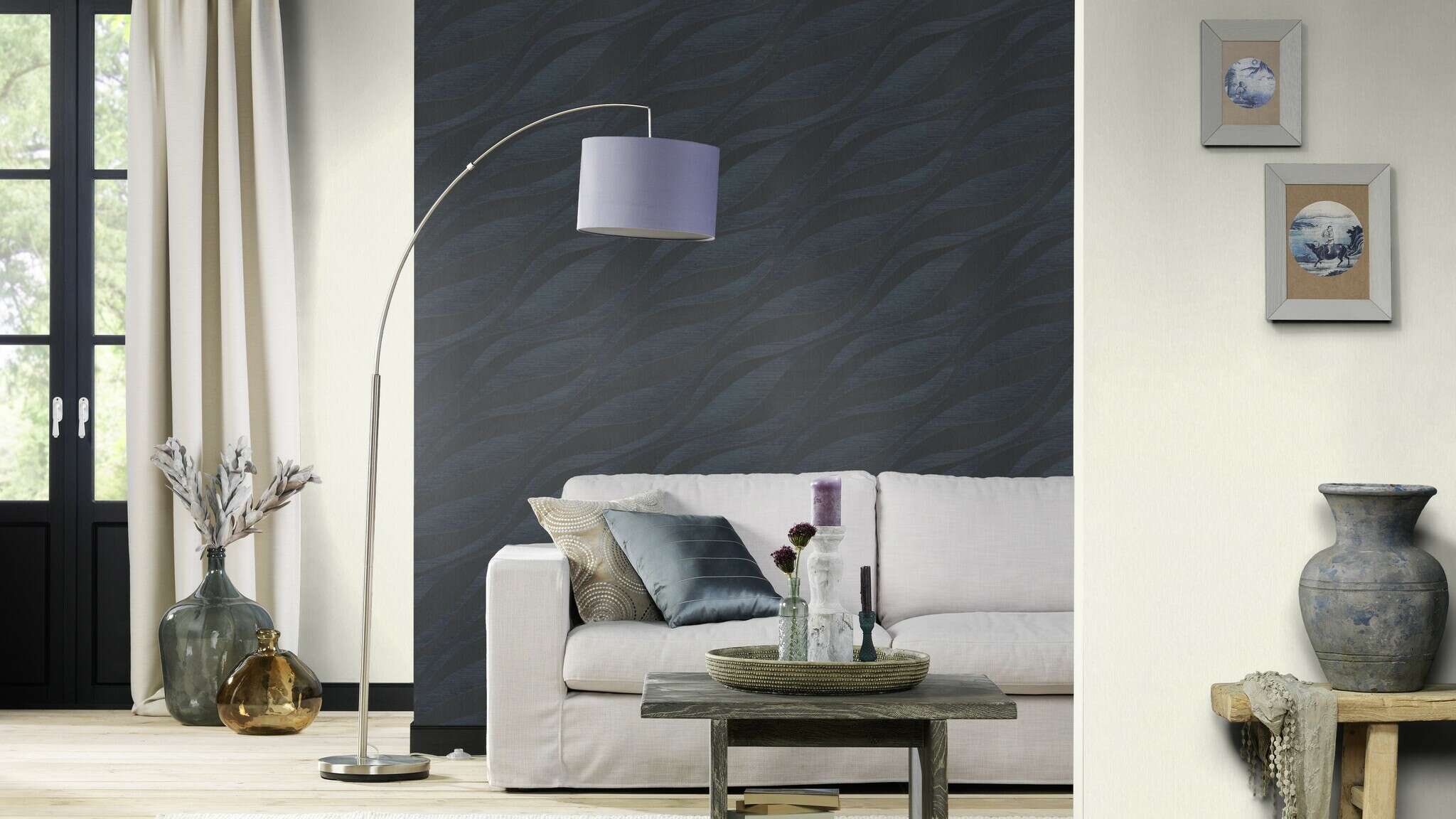10-608076 Raumsituationen 3 Room with Graphic wallpaper with waves and grooved texture