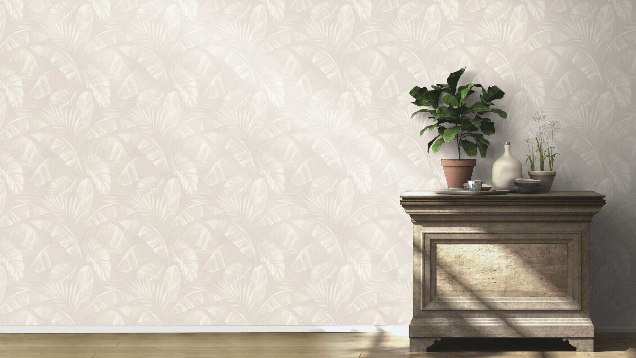 10-286595 Raumsituationen 4 Room with Subtle tropical wallpaper with stylised palm leaves in tone-on-tone beige for a calm and natural room effect