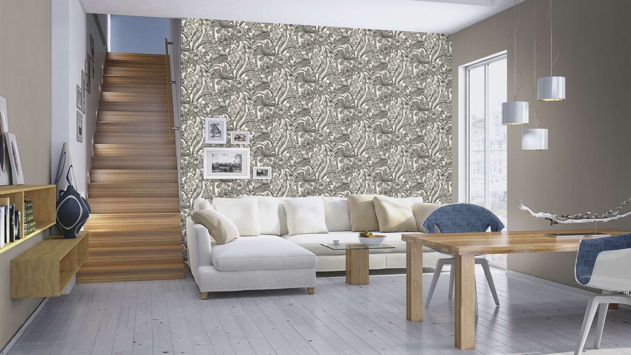 10-555875 Raumsituationen 1 Une chambre avec Fond d'écran uni avec texture lin