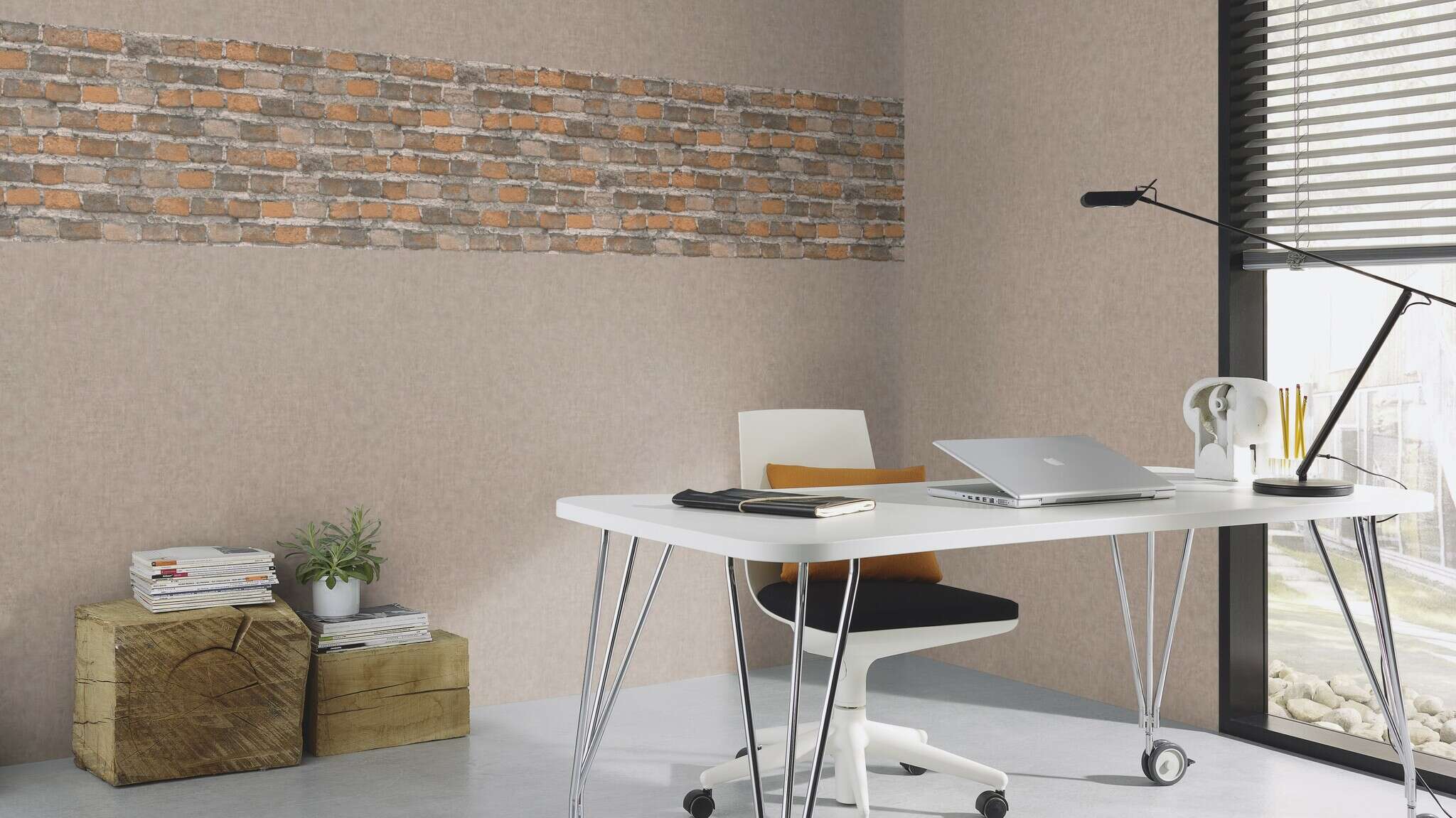 10-429251 Raumsituationen 2 Room with Non-woven wallpaper with a fine, textile-like texture in a taupe look.