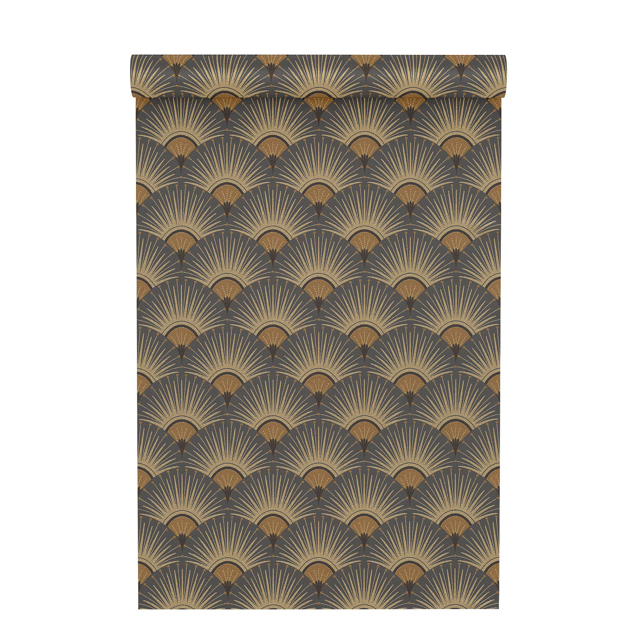 10-637625 Rolle abgerollt 2 Unrolled wallpaper roll with Wallpaper with stylised peacock fan in Art Deco style