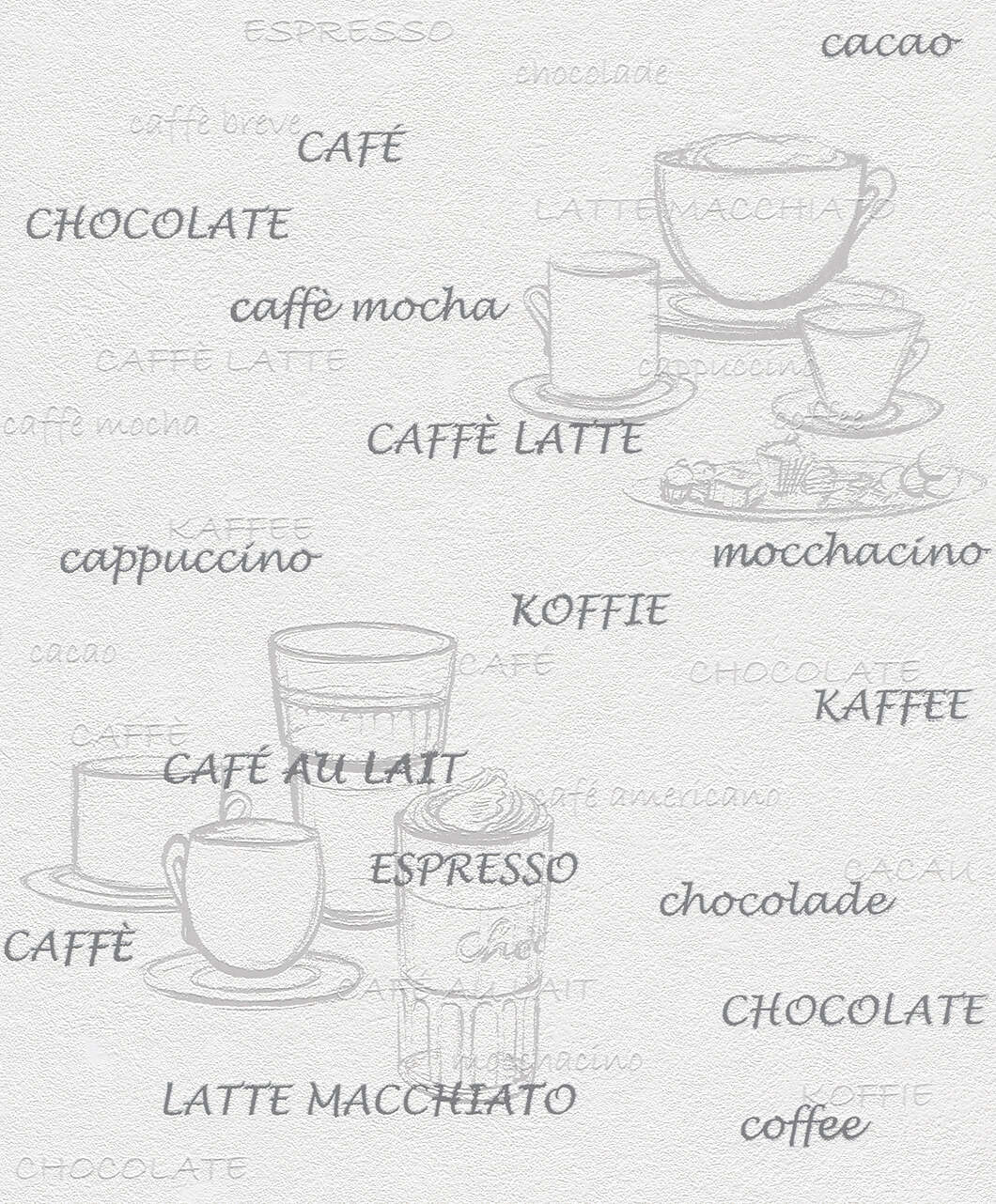 10-770421 Artikelscan 1 Tapete mit skizierten Kaffeetassen und Café-Schriftzügen
