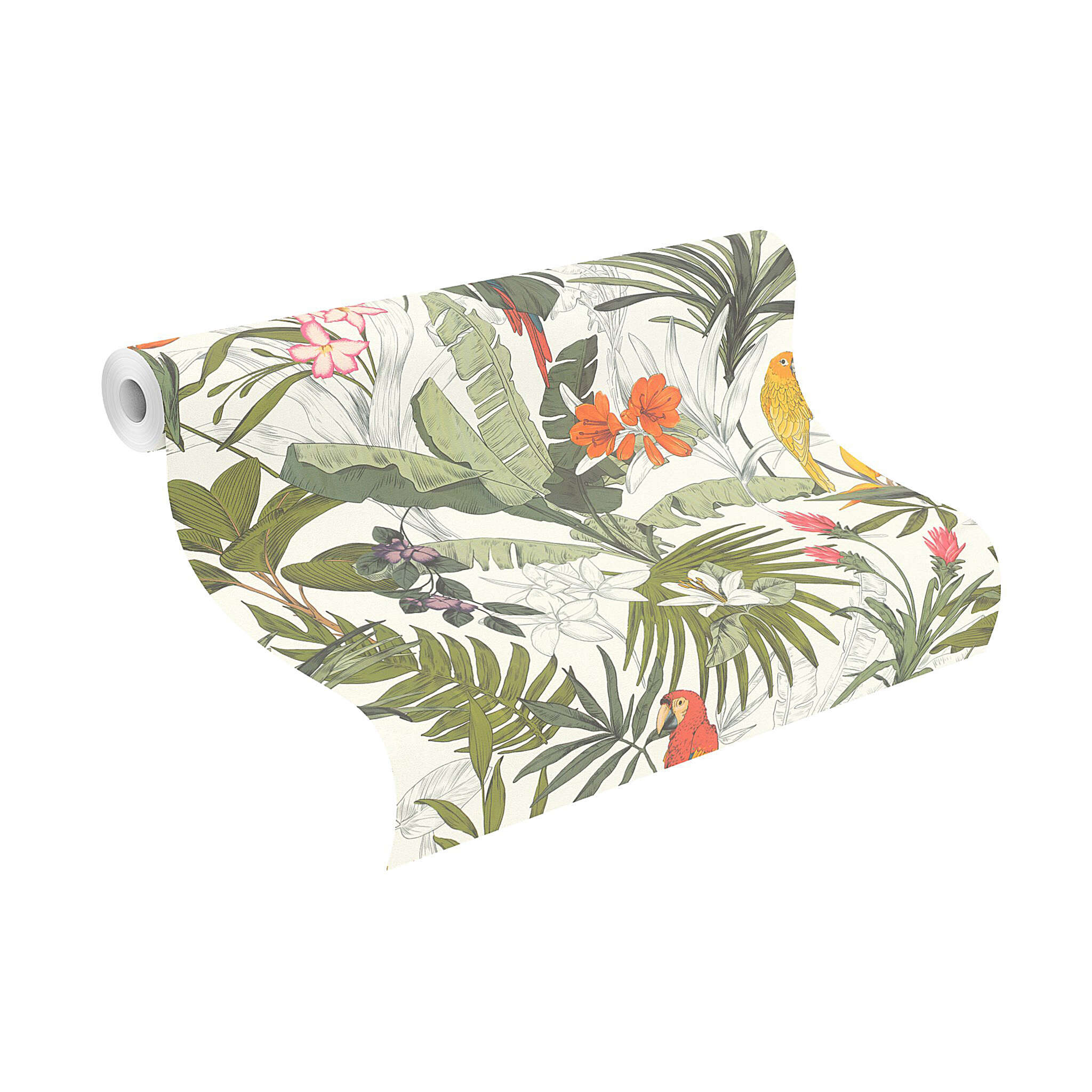 10-689907 Rolle abgerollt 1 Unrolled wallpaper roll with Wallpaper with tropical plants and parrots