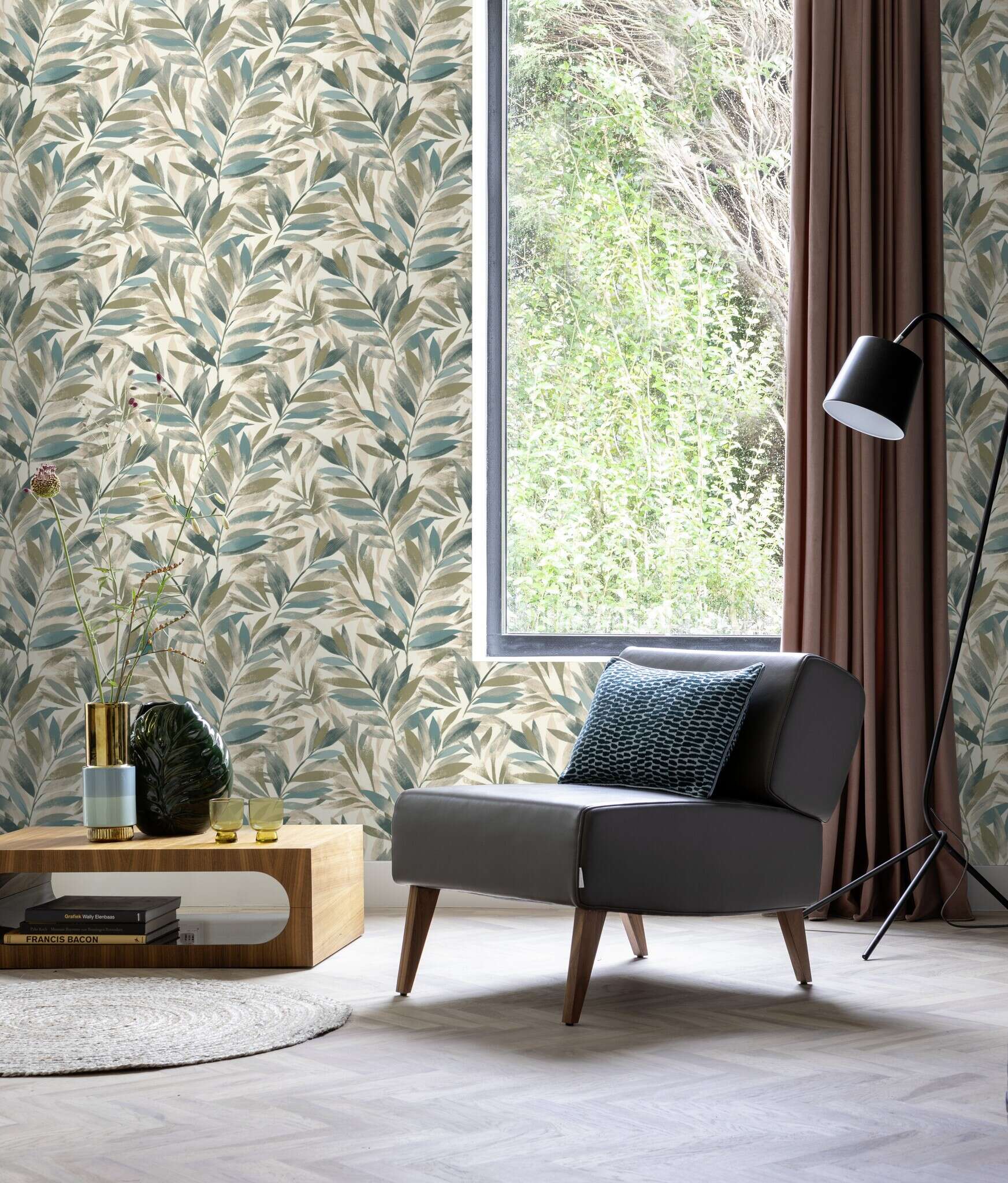 10-867640 Raumsituationen 4 Room with Stamped leaves in ivory, olive and petrol on a dark brown background