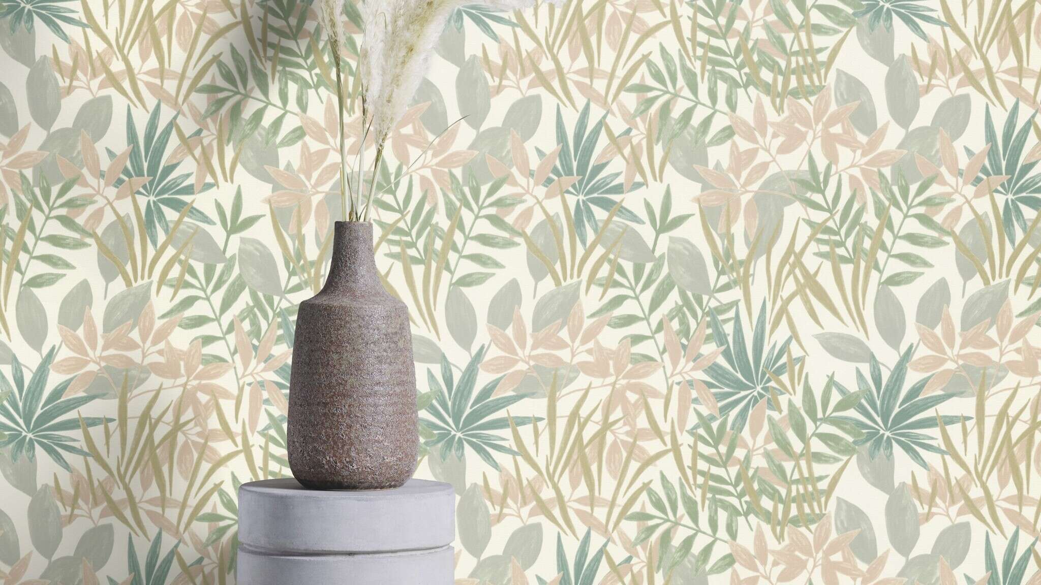 10-791006 Raumbilder (automatisch) 3 Unrolled wallpaper roll with Wallpaper with overlapping leaves and twigs