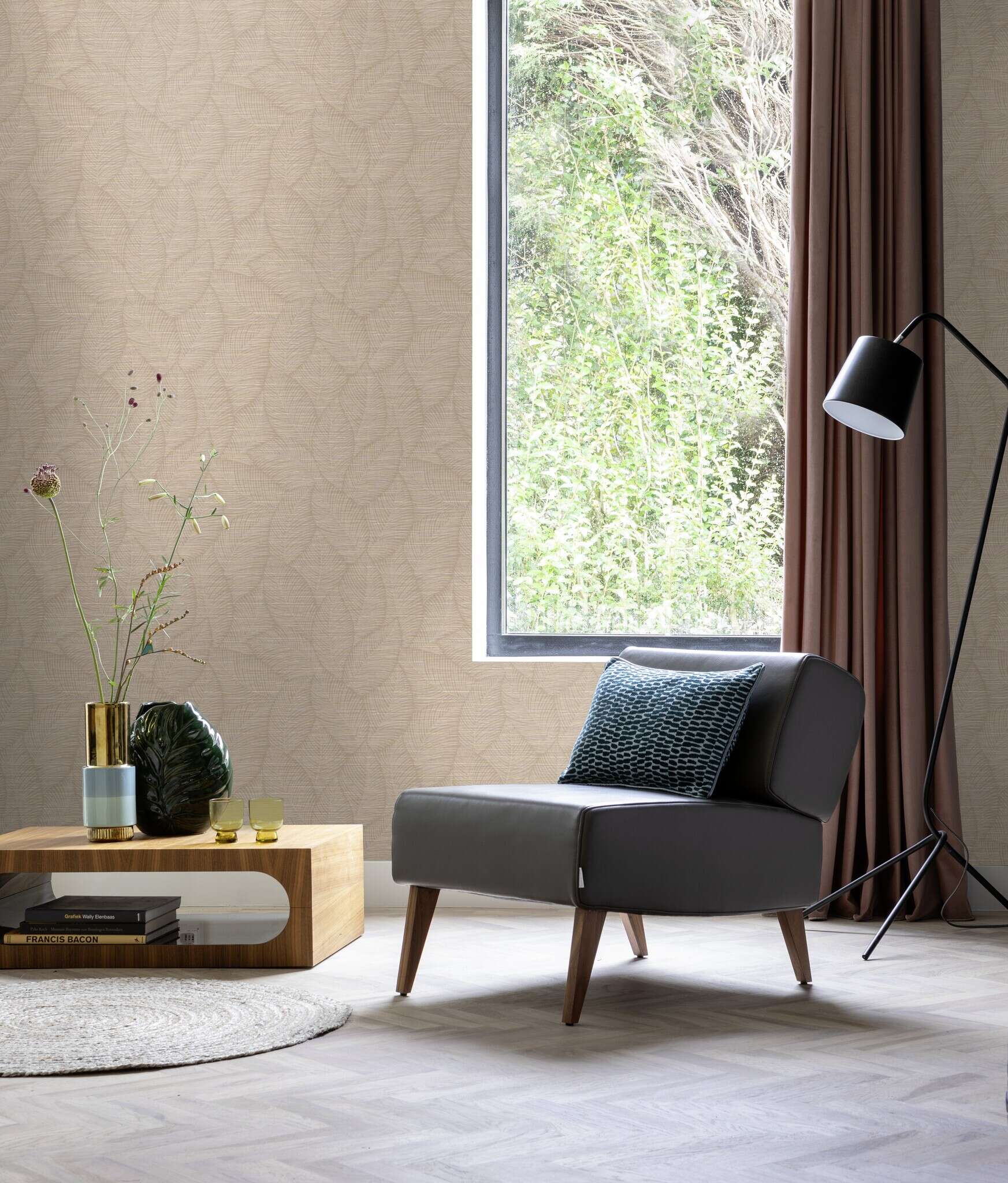10-866834 Raumsituationen 5 Room with Coarse fabric pattern in beige with foliage in light brown