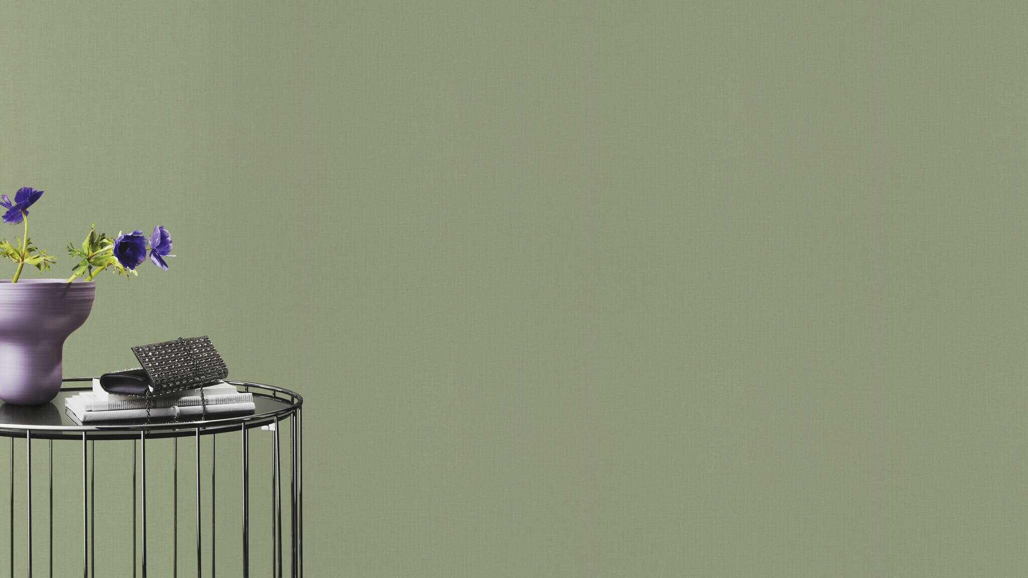 10-423938 Raumsituationen 5 Room with Single-colour non-woven wallpaper in pale green with a textile-like surface.