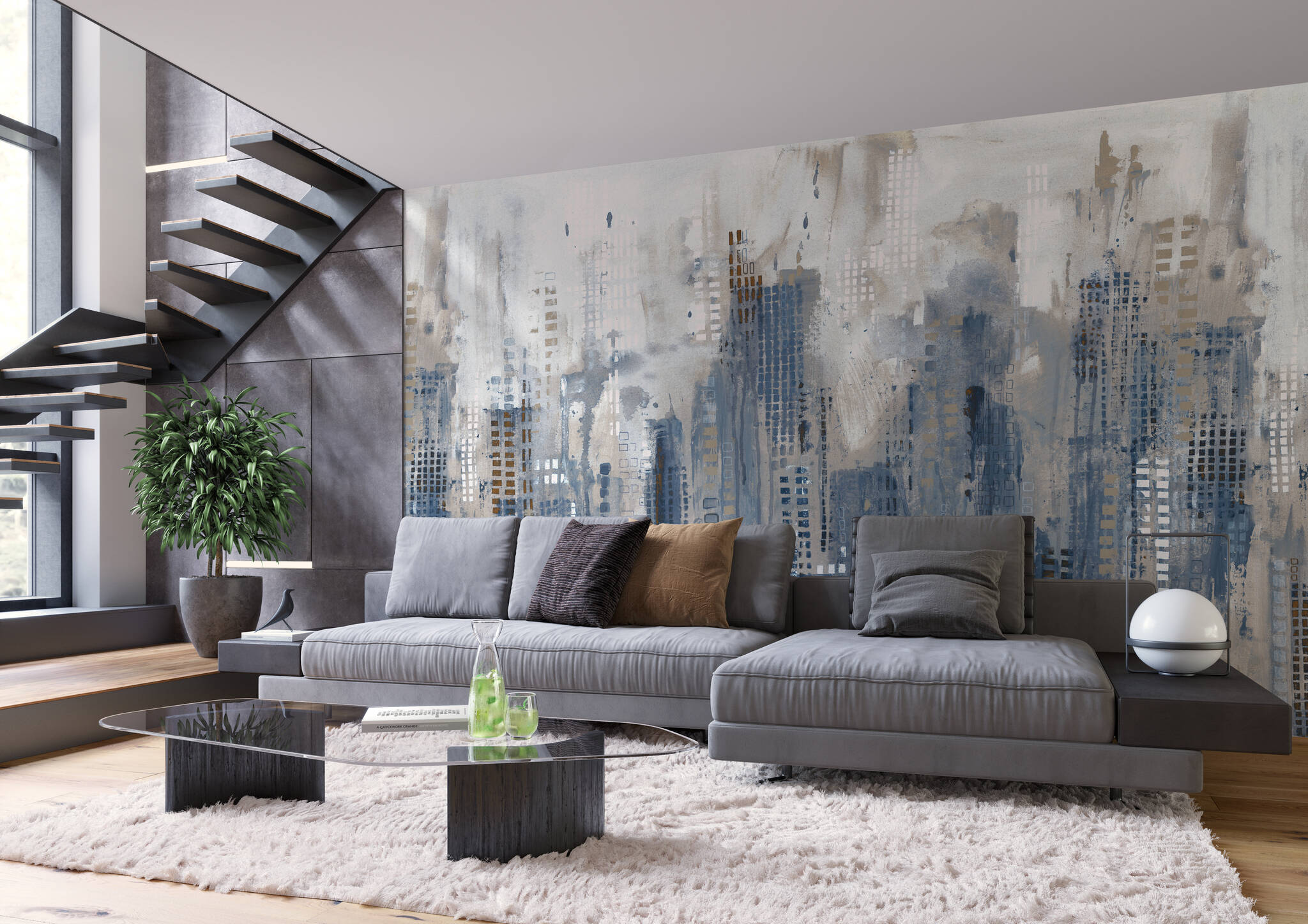 Wohnzimmer mit Wandbild - Abstrakte Hochhaus-Skyline in Blau & Grau