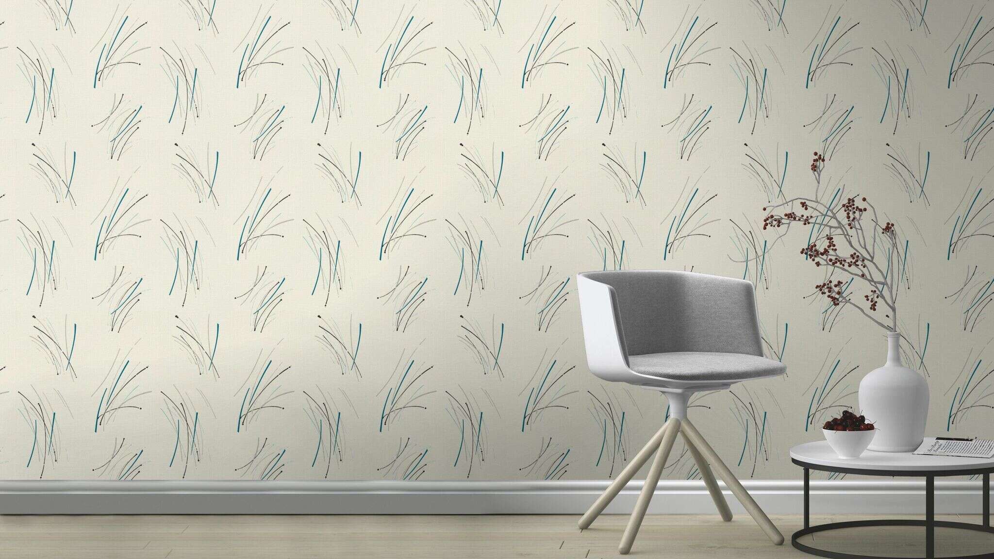 10-735024 Raumsituationen 1 Room with Wallpaper with curved lines and textile texture
