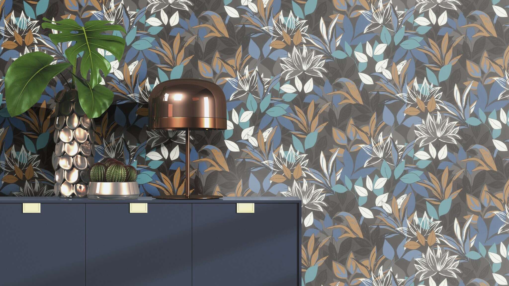 10-692303 Raumsituationen 1 Leaves non-woven wallpaper in blue-dark blue Selection vinyl/non-woven 692303
