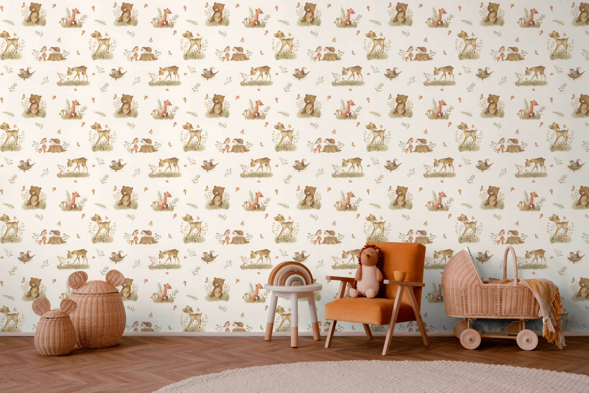 Room with Cute non-woven wallpaper with deer, foxes, bears and other forest creatures in a soft watercolour look