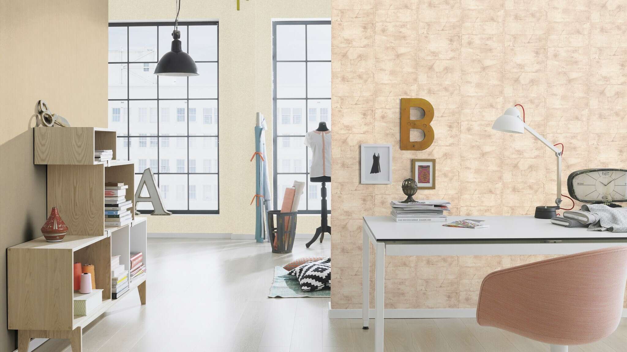 10-520248 Raumsituationen 3 Room with Single-colour wallpaper with plaster look