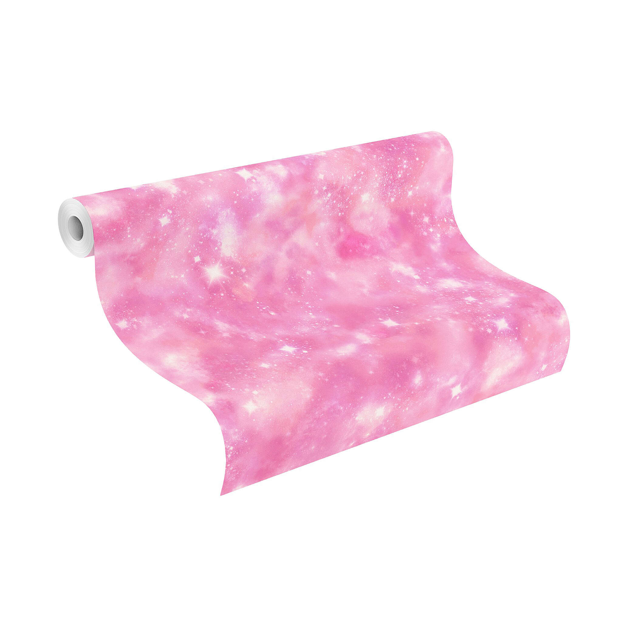 10-273212 Rolle abgerollt 1 Unrolled wallpaper roll with Playful wallpaper in pink shades with a sparkling effect and stars