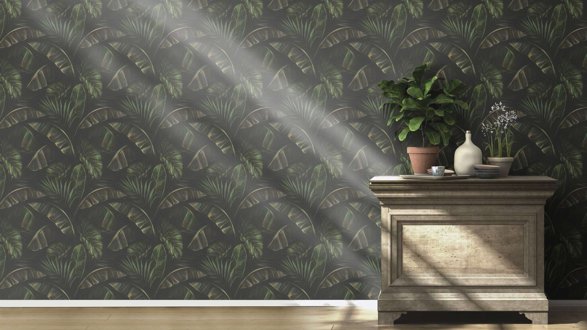 10-286588 Raumsituationen 4 Room with Expressive wallpaper with large green banana leaves on a dark background in a jungle style