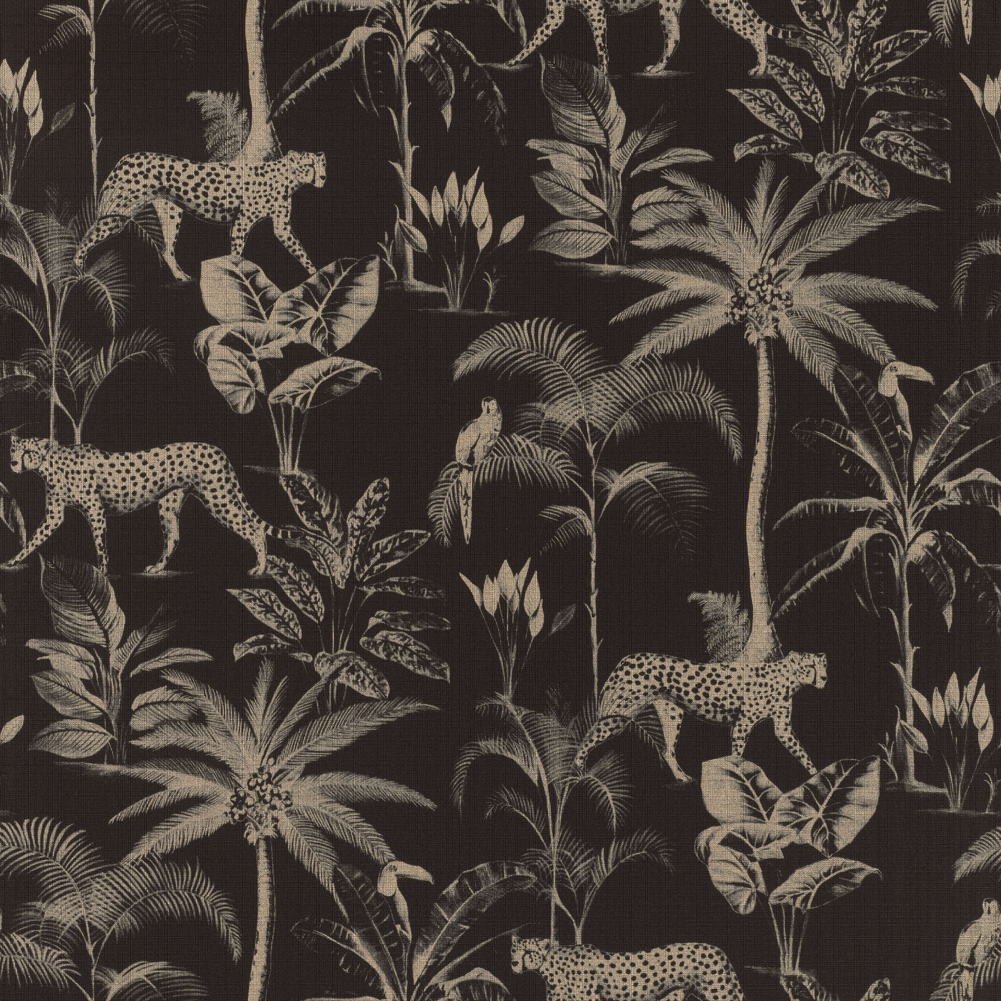 10-409031 Artikelscan 1 Dark non-woven wallpaper with exotic jungle motif, leopards and palm trees in a vintage look.
