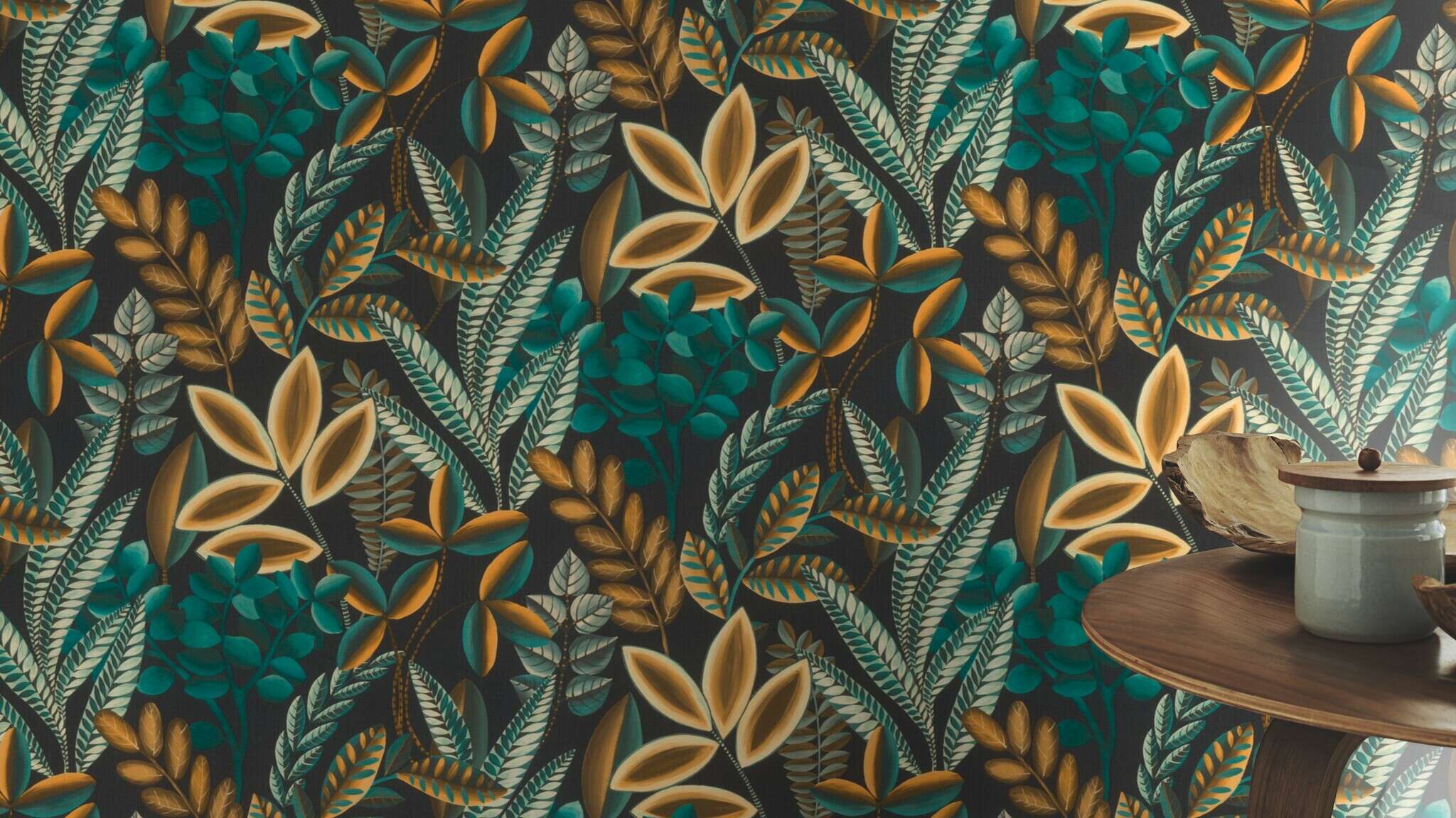 10-485561 Raumsituationen 1 Room with Imaginative plants in turquoise, light brown, cream white and grey on a black background