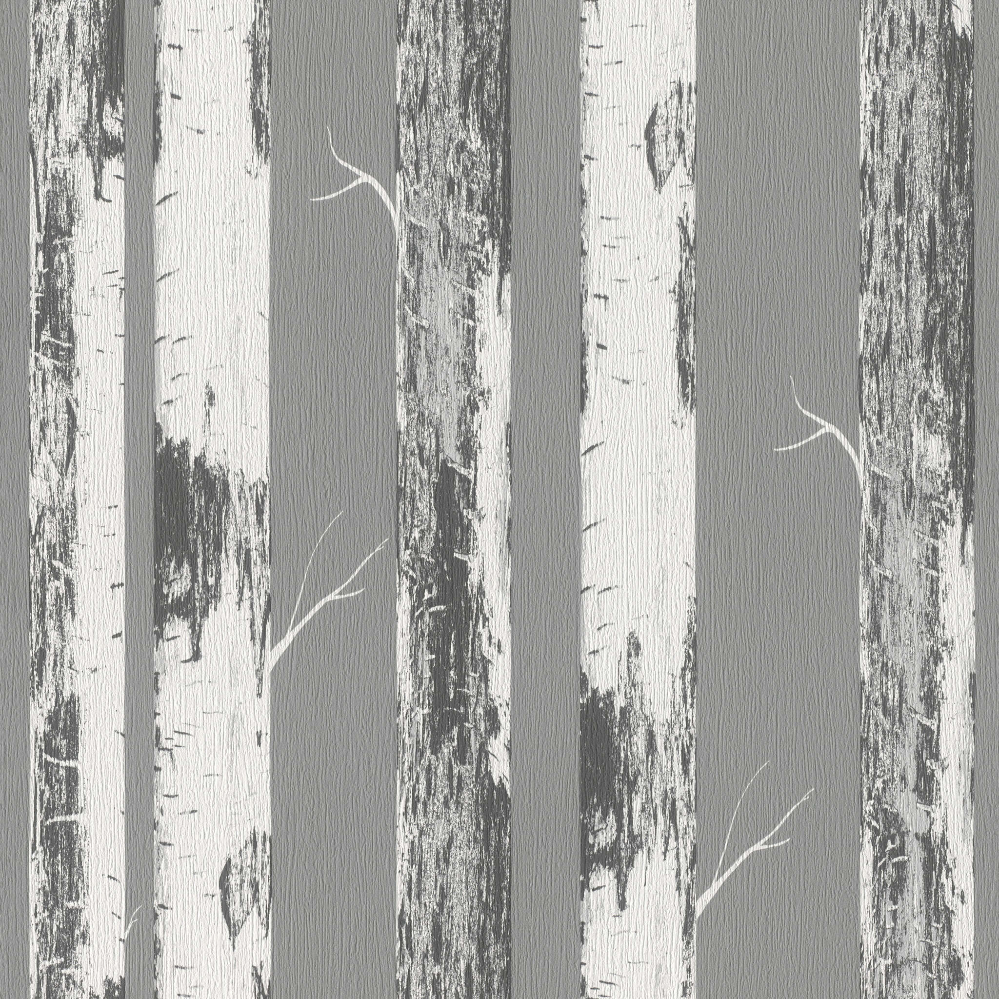 10-285420 Artikelscan 1 Papier peint inspiré de la forêt avec des bouleaux blancs et un fond gris-vert foncé pour une ambiance paisible