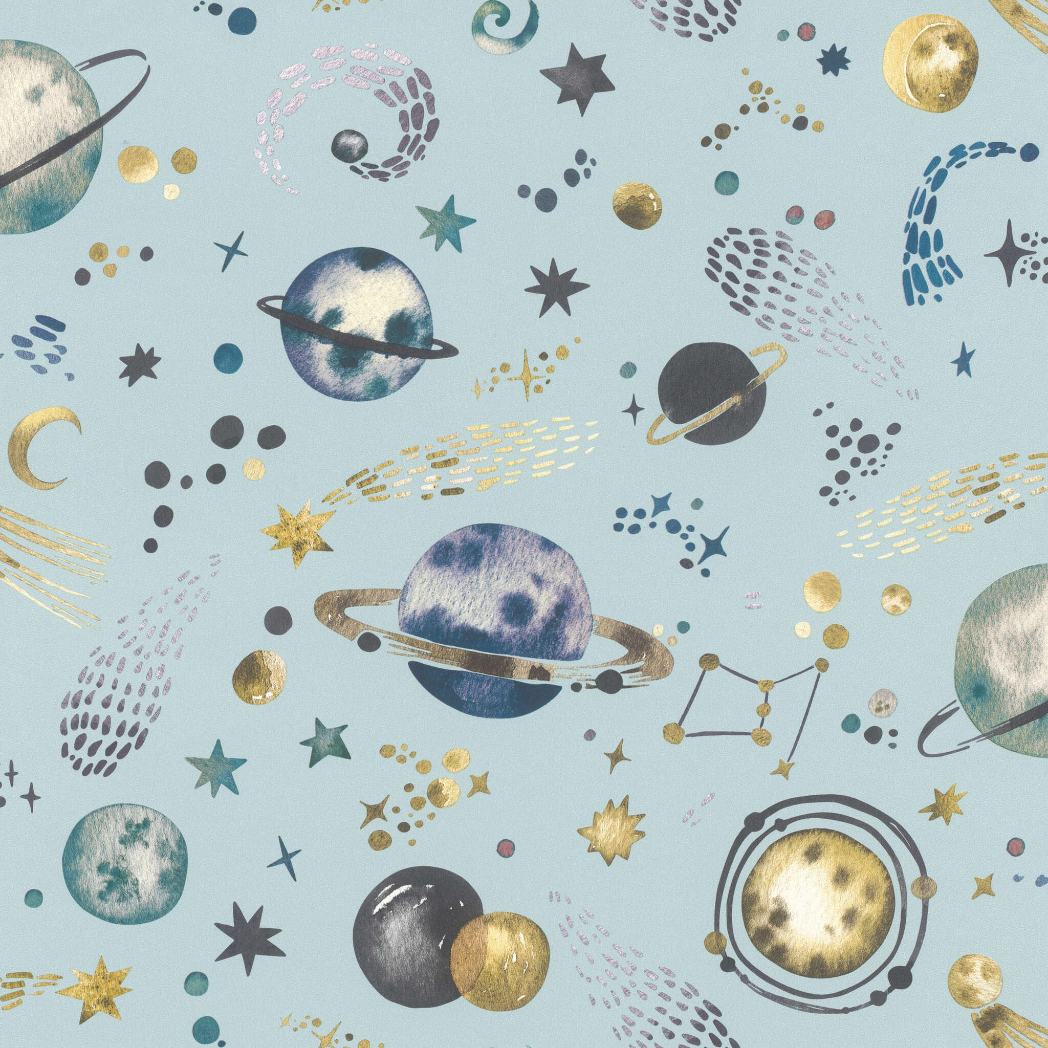 300949 Tapete Kinderzimmer Weltall und Planeten Tapete mit Sonnensystem-Motiven, Sternen und Planeten in Gold, Blau und Grau auf hellblauem Hintergrund