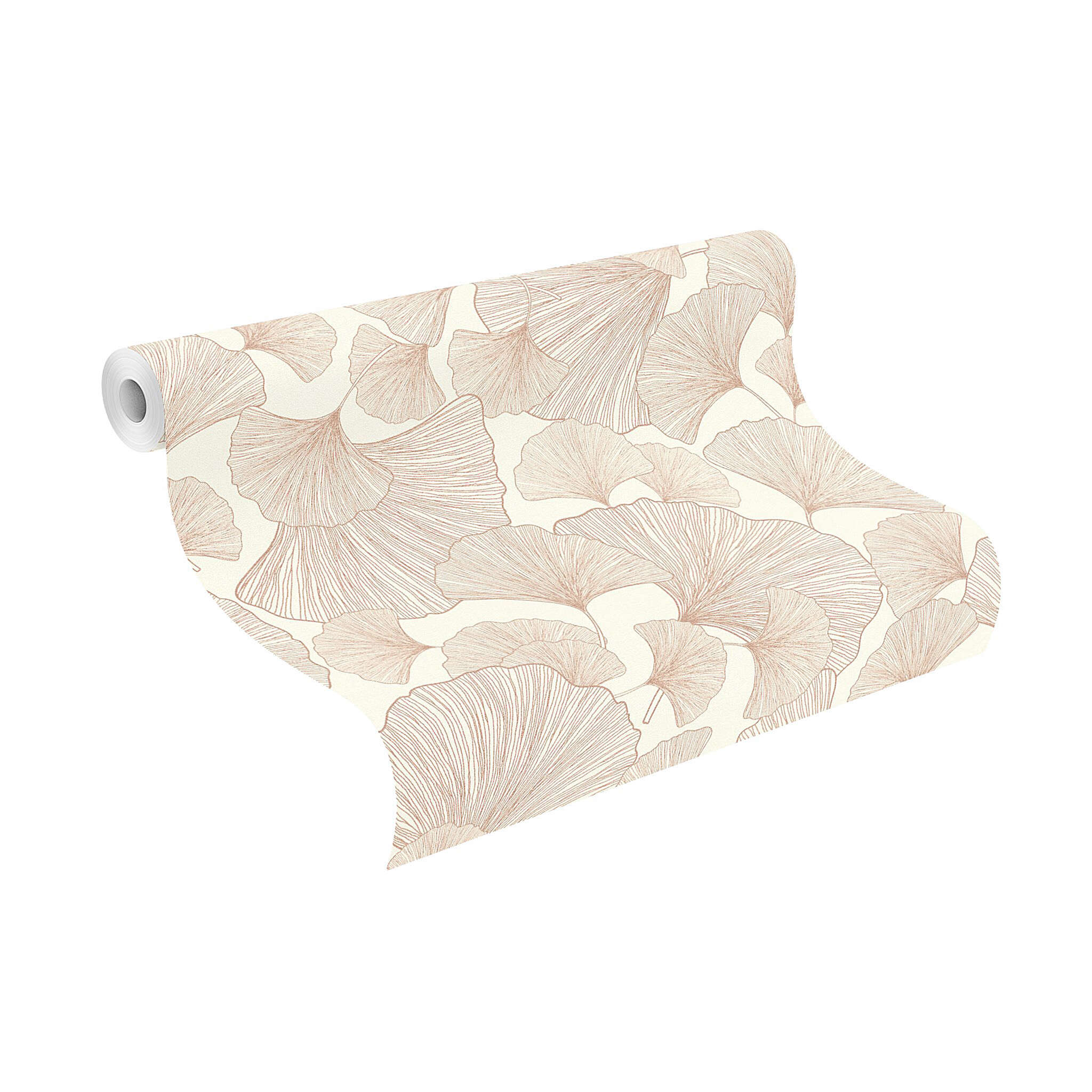 10-462296 Rolle abgerollt 1 Unrolled wallpaper roll with Large-scale ginkgo pattern in delicate pink on a cream-white background – feminine, airy and modern.