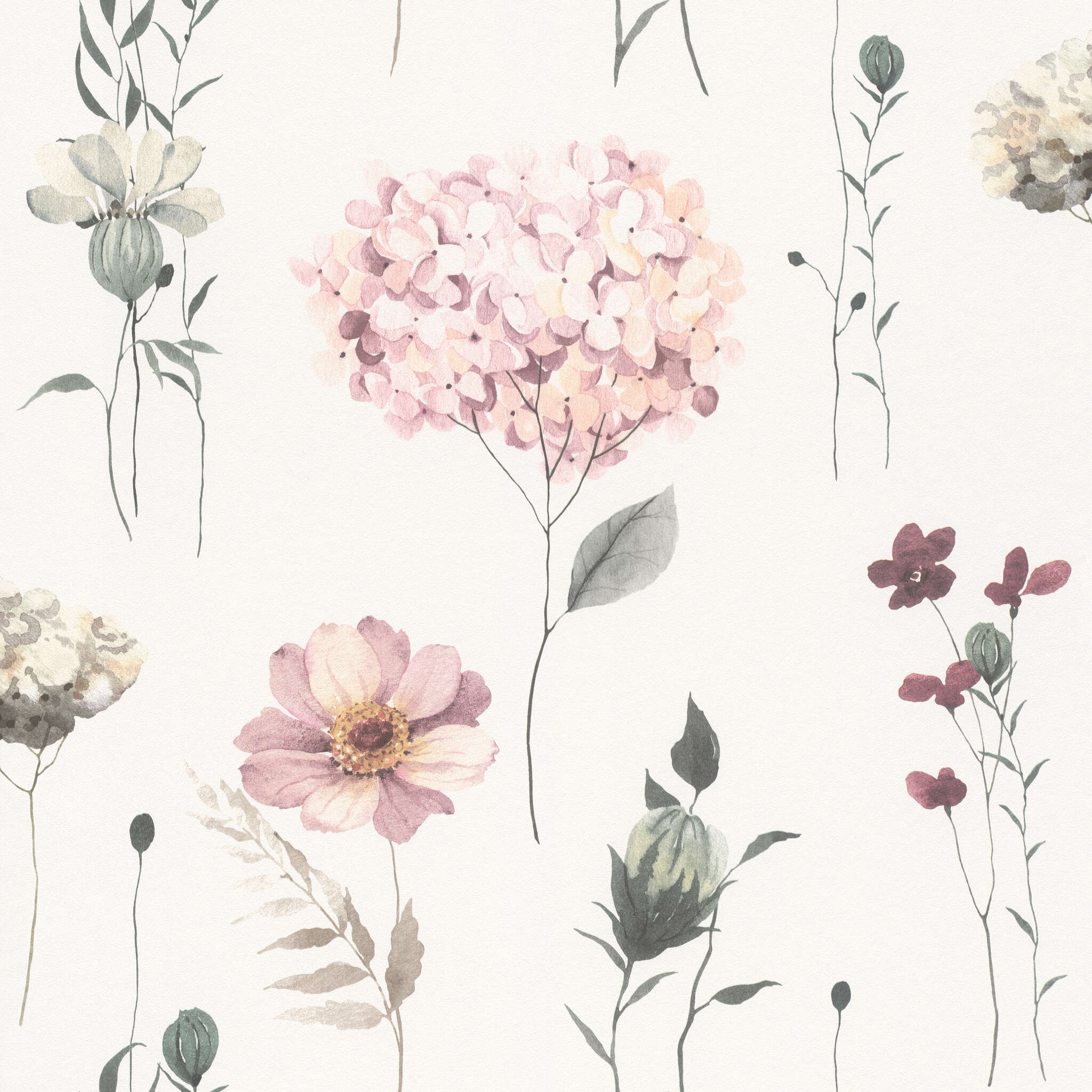 10-300642 Artikelscan 1 Floral wallpaper with individual, delicately painted flowers in pink, cream and burgundy on a light background