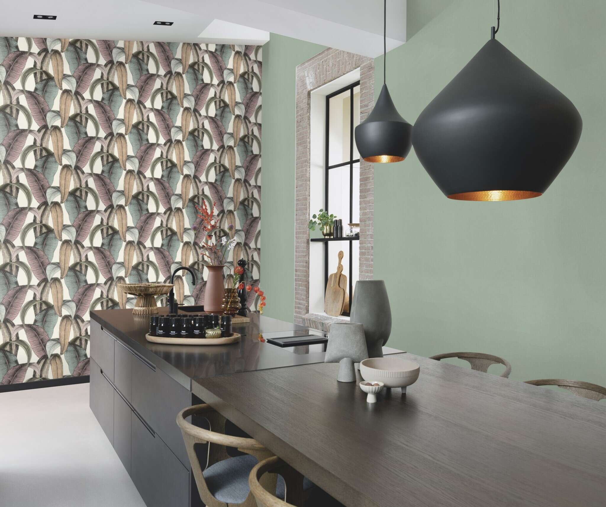 10-867961 Raumsituationen 3 Room with Leaves in soft shades of beige, rose, mint and green on a cream-white background