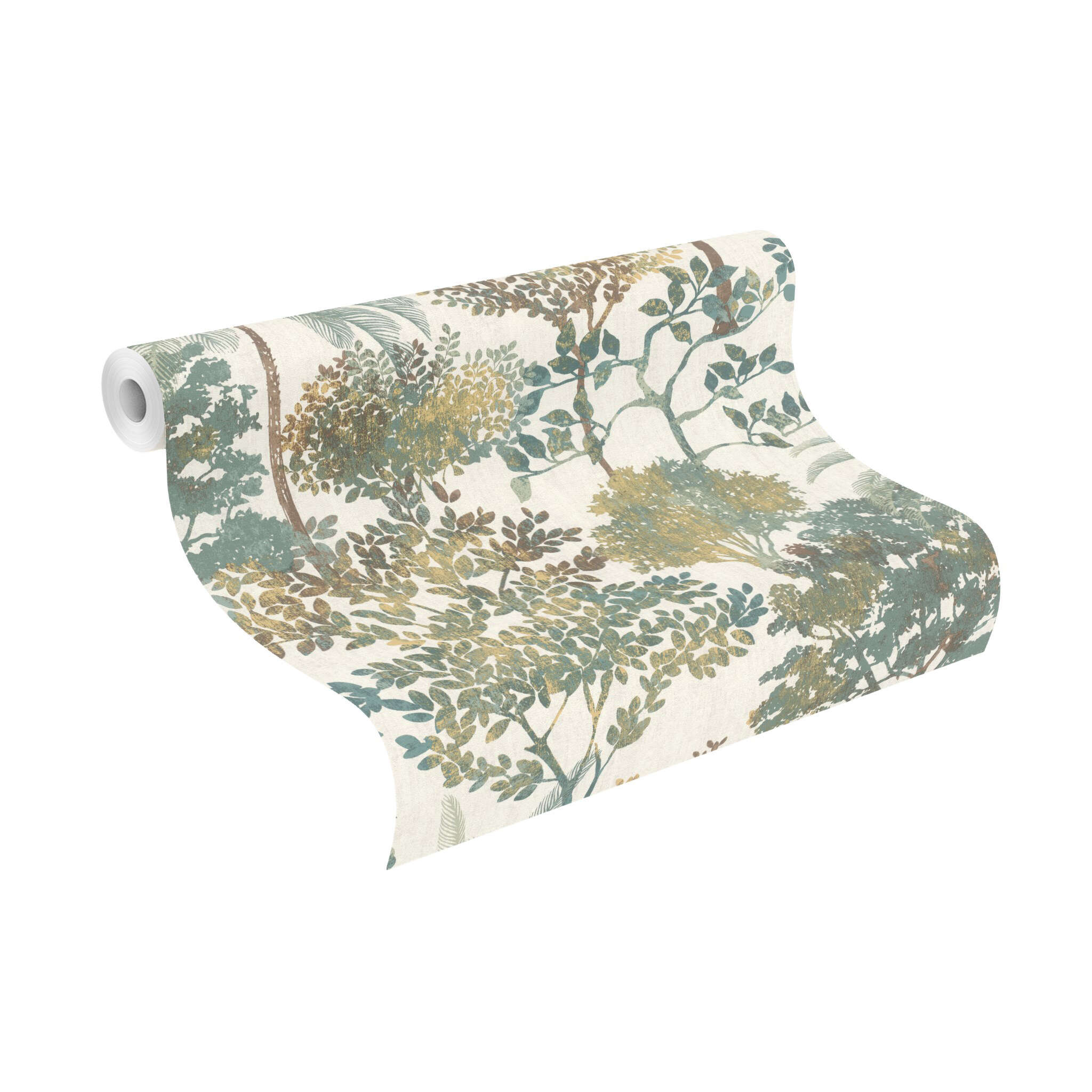 10-867329 Rolle abgerollt 1 Unrolled wallpaper roll with Wallpaper with illustrated trees and shrubs