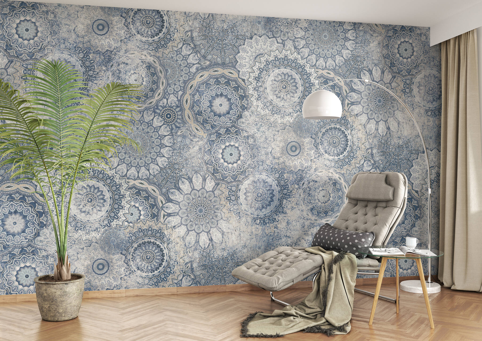 Lese-Ecke mit 363036 - Wandbild - Prallvolle Mandala-Sammlung in Hellblau, Grau und Weiß magicwalls Papier peint Mandala bleu 363036