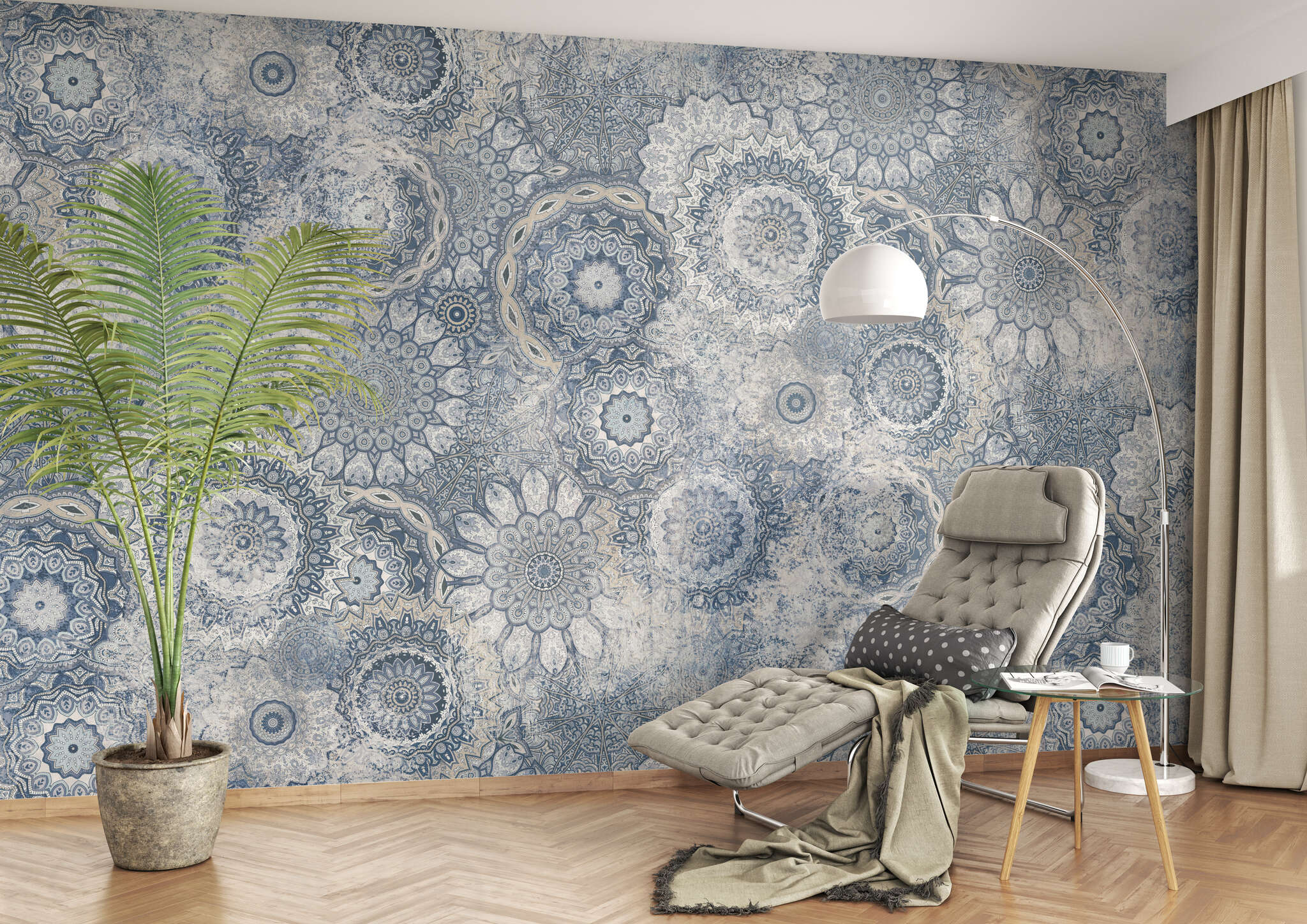 Lese-Ecke mit 363036 - Wandbild - Prallvolle Mandala-Sammlung in Hellblau, Grau und Weiß magicwalls Mandala Blue Wallpaper 363036