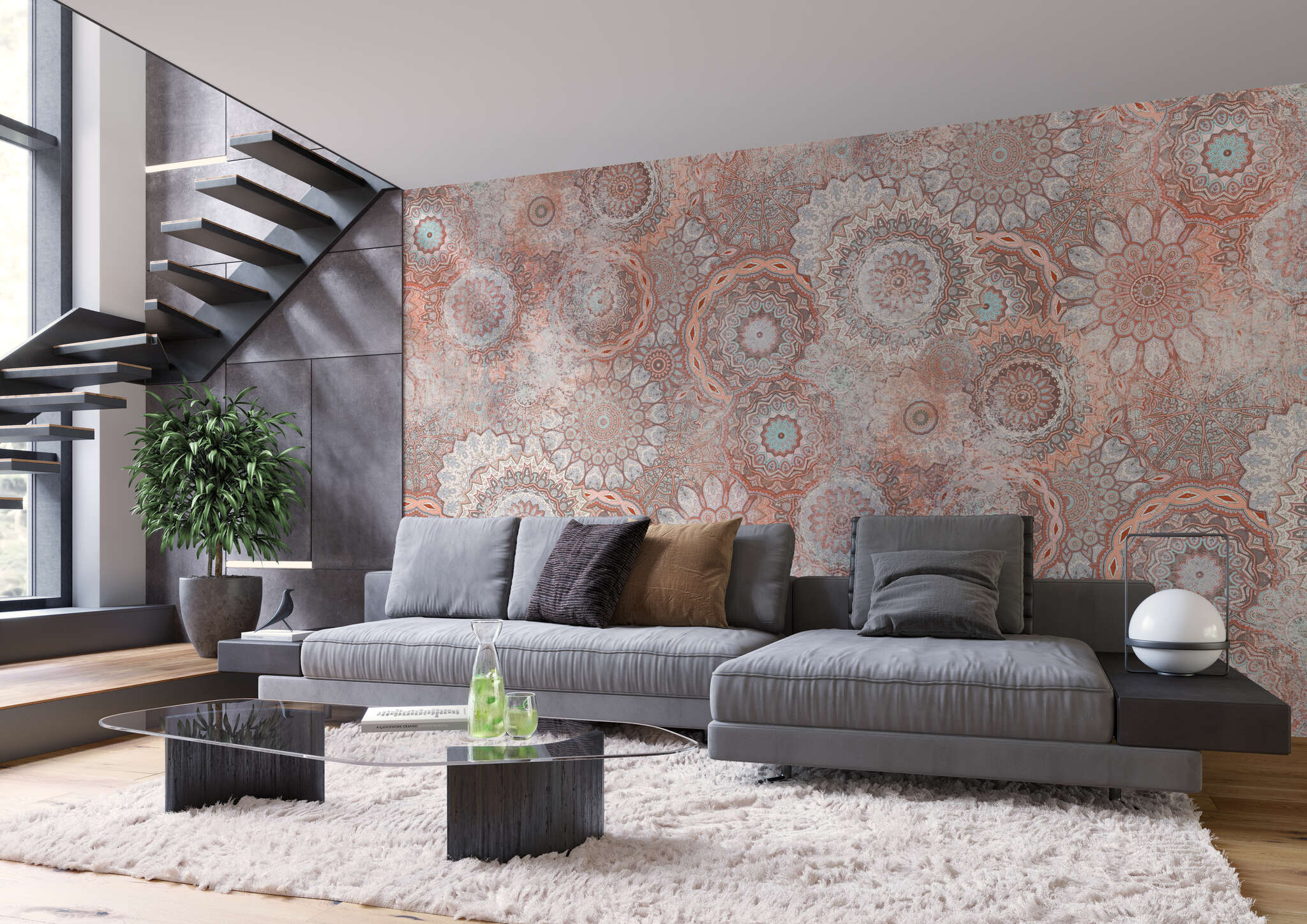 Wohnzimmer mit 363043 - Wandbild - Prallvolle Mandala-Sammlung in Pastellrot, Hellblau und Weiß magicwalls photo wallpaper 363043