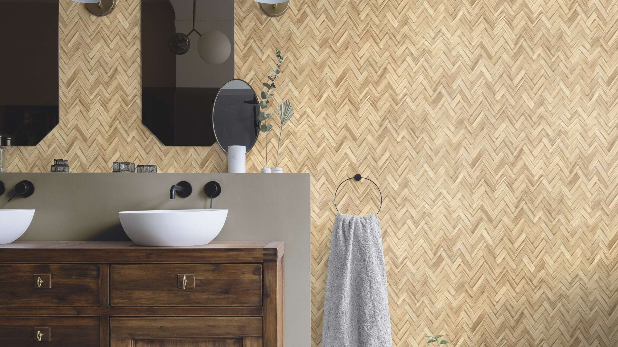 10-410334 Raumsituationen 1 Room with Non-woven wallpaper in a natural bamboo look in light beige with a herringbone structure for a warm room feel.