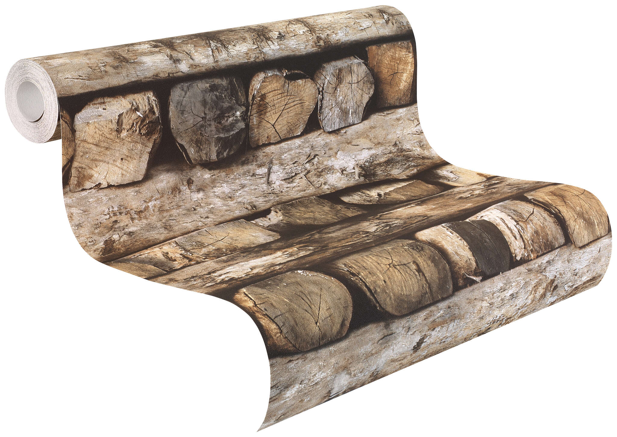 10-931808 Rolle abgerollt 1 Unrolled wallpaper roll with Wallpaper with photorealistic logs