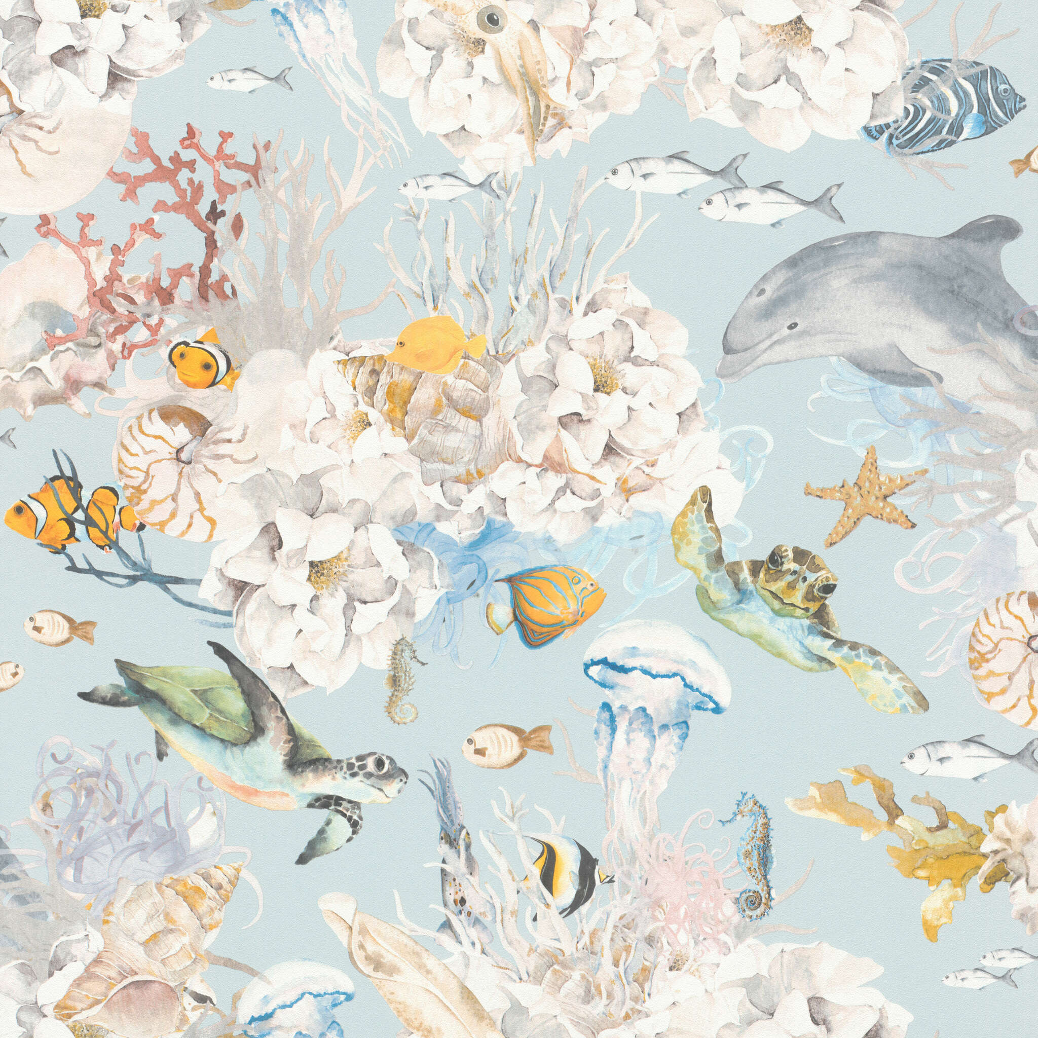 10-301328 Artikelscan 1 Unterwasser-Tapete mit Ozeanmotiven und bunten Tieren auf zartblauem Fond – ideal für Kinderzimmer