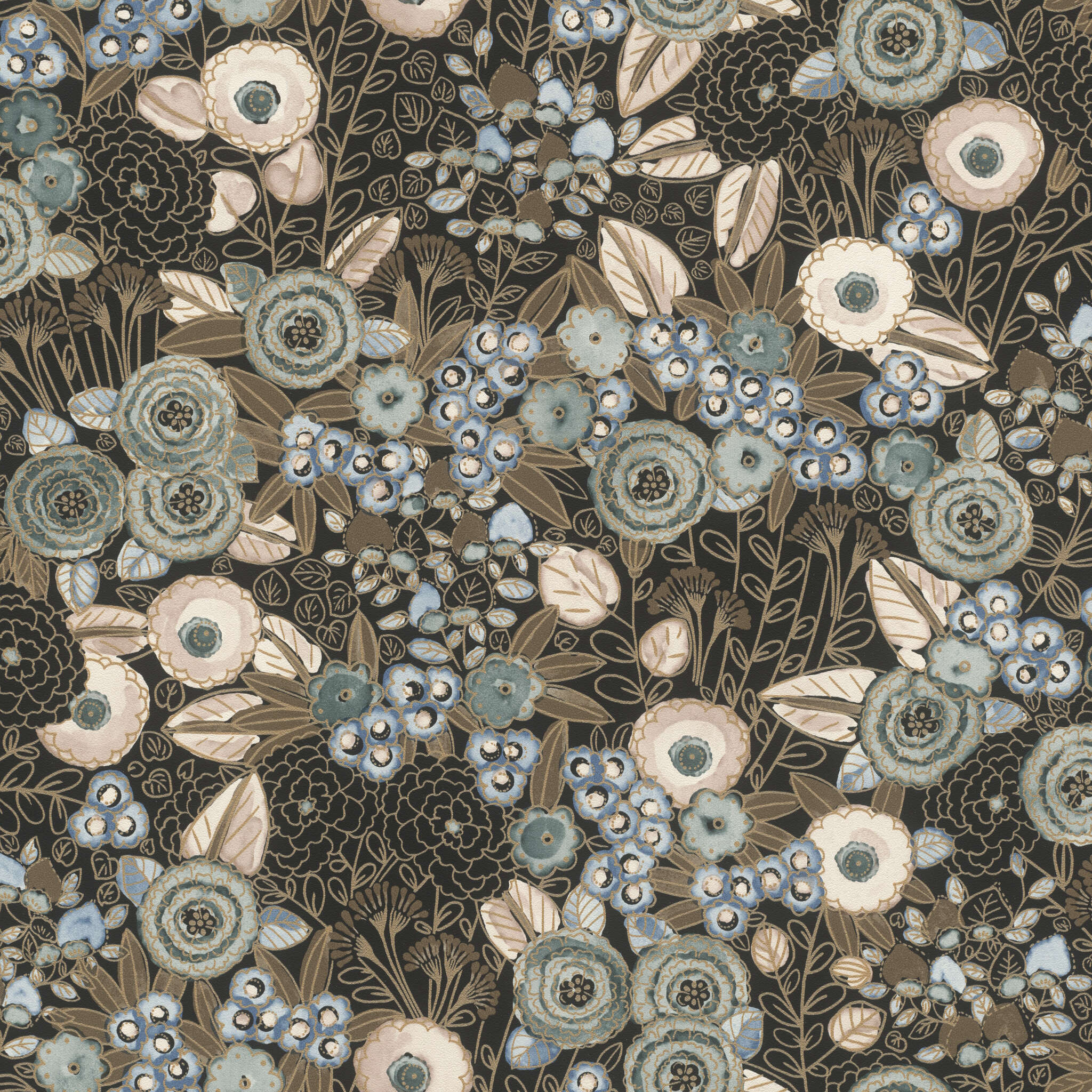 10-868913 Artikelscan 1 Tapete mit Blumenmuster in Aquarell-Optik und goldenen Konturen