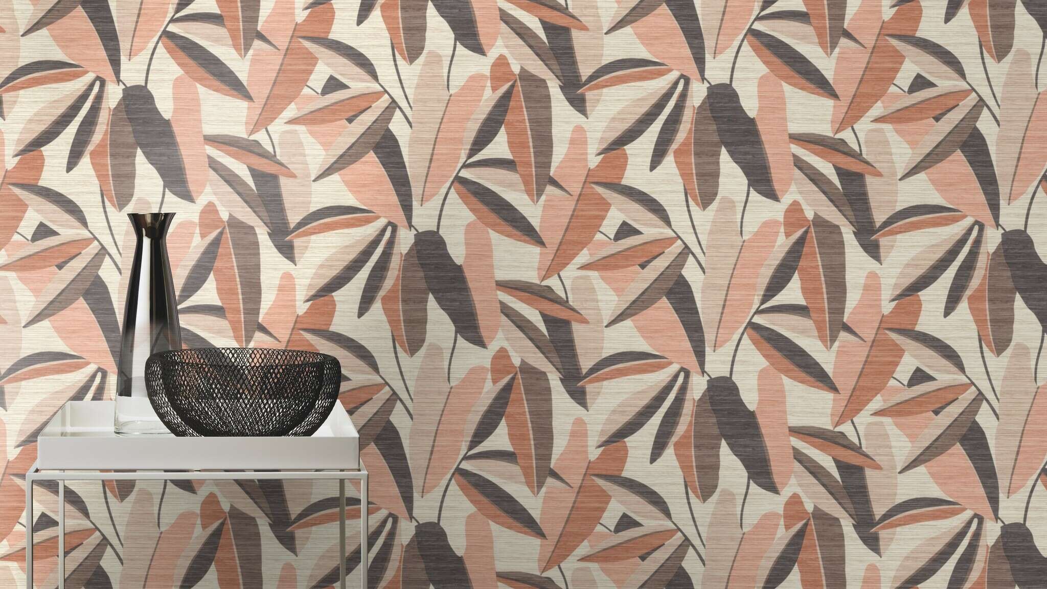 10-866353 Raumsituationen 1 Room with Stylish drawings of oversized leaves in beige, red and brown on a beige-brown background with horizontal wood grain