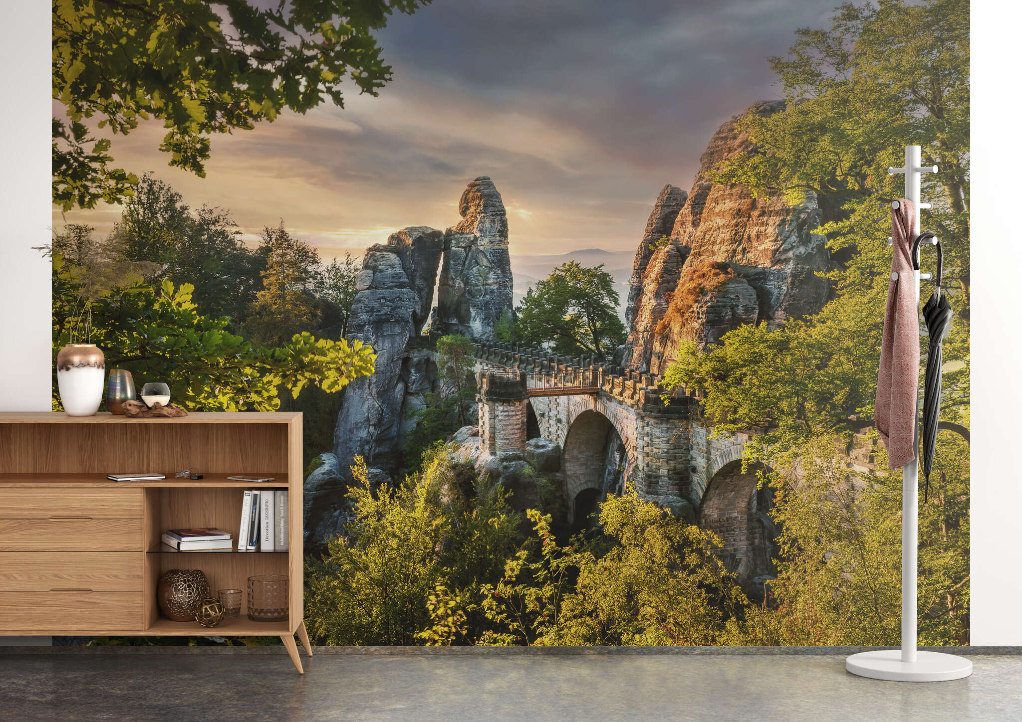 Wohnzimmer mit 363388 - Fototapete - Basteibrücke in abendlichem Licht magicwalls photo wallpaper 363388