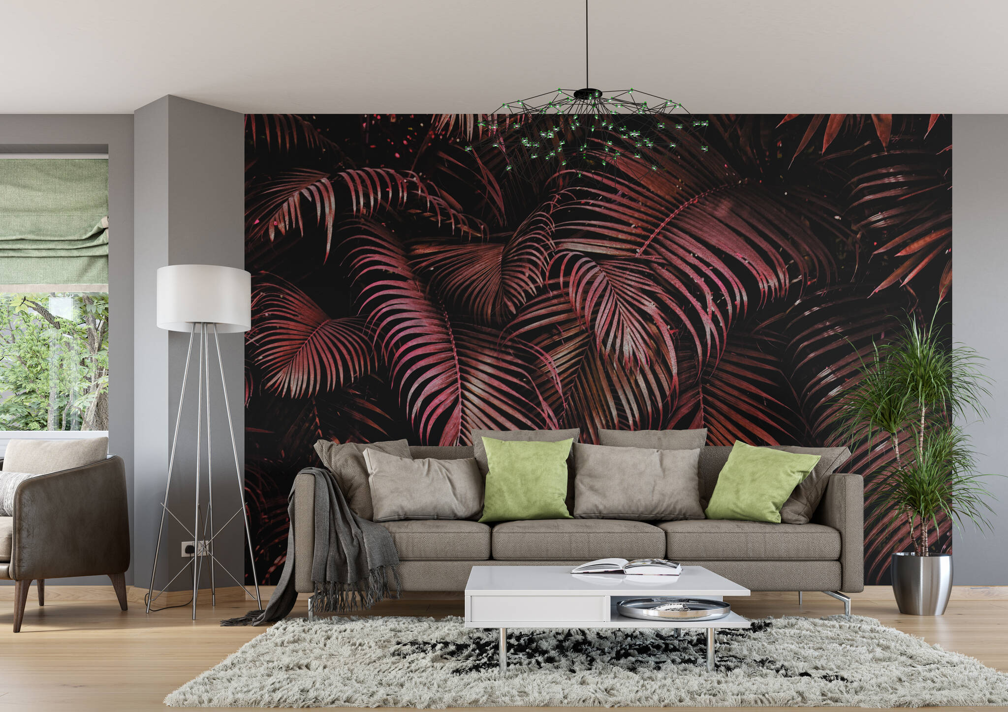 Wohnzimmer mit Fototapete - Pinke Palmenblätter mit 3D-Effekt in raumfüllendem Zoom