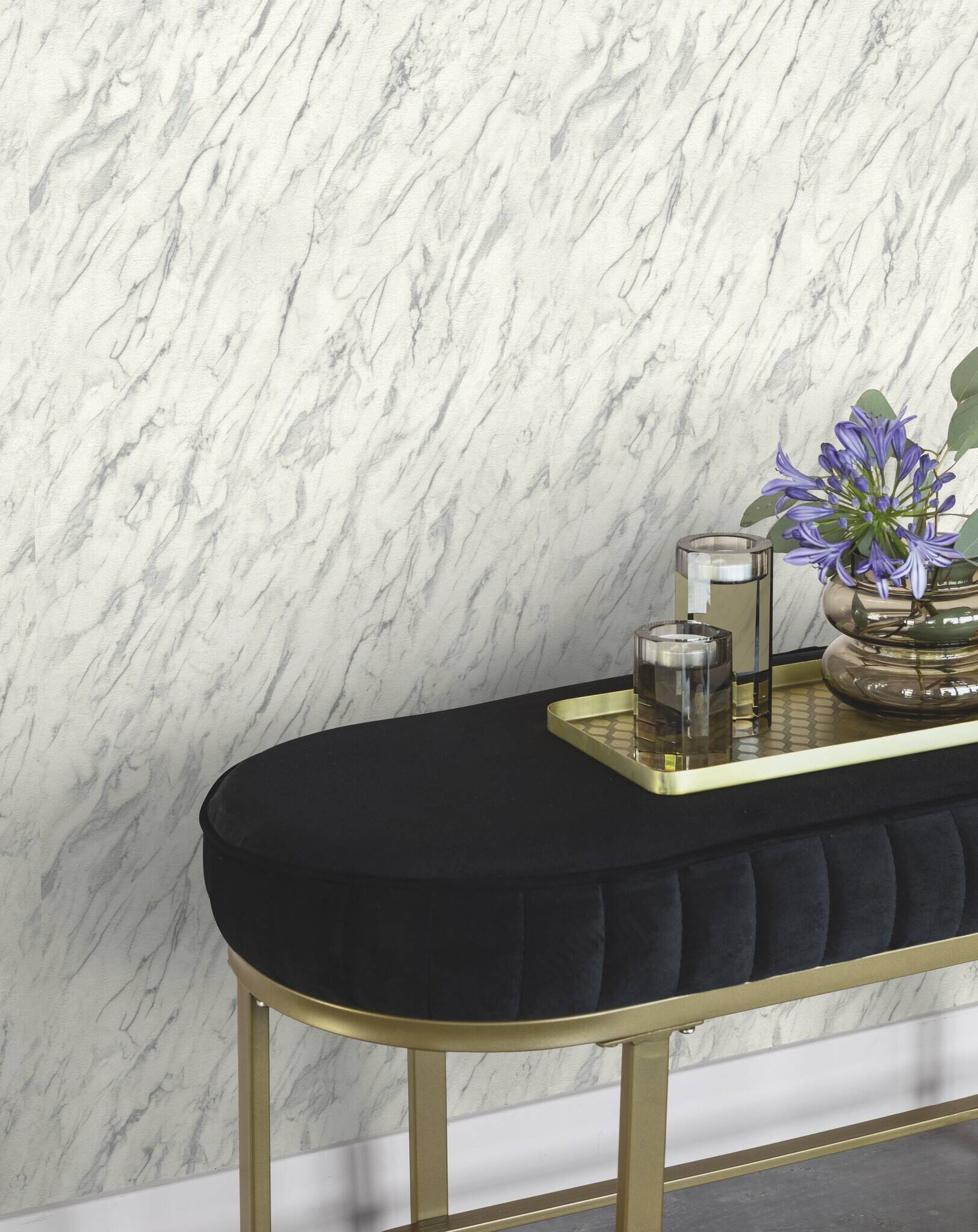 10-371628 Raumsituationen 1 Carrara 371628 self-adhesive wallpaper - marble look in gray and cream white