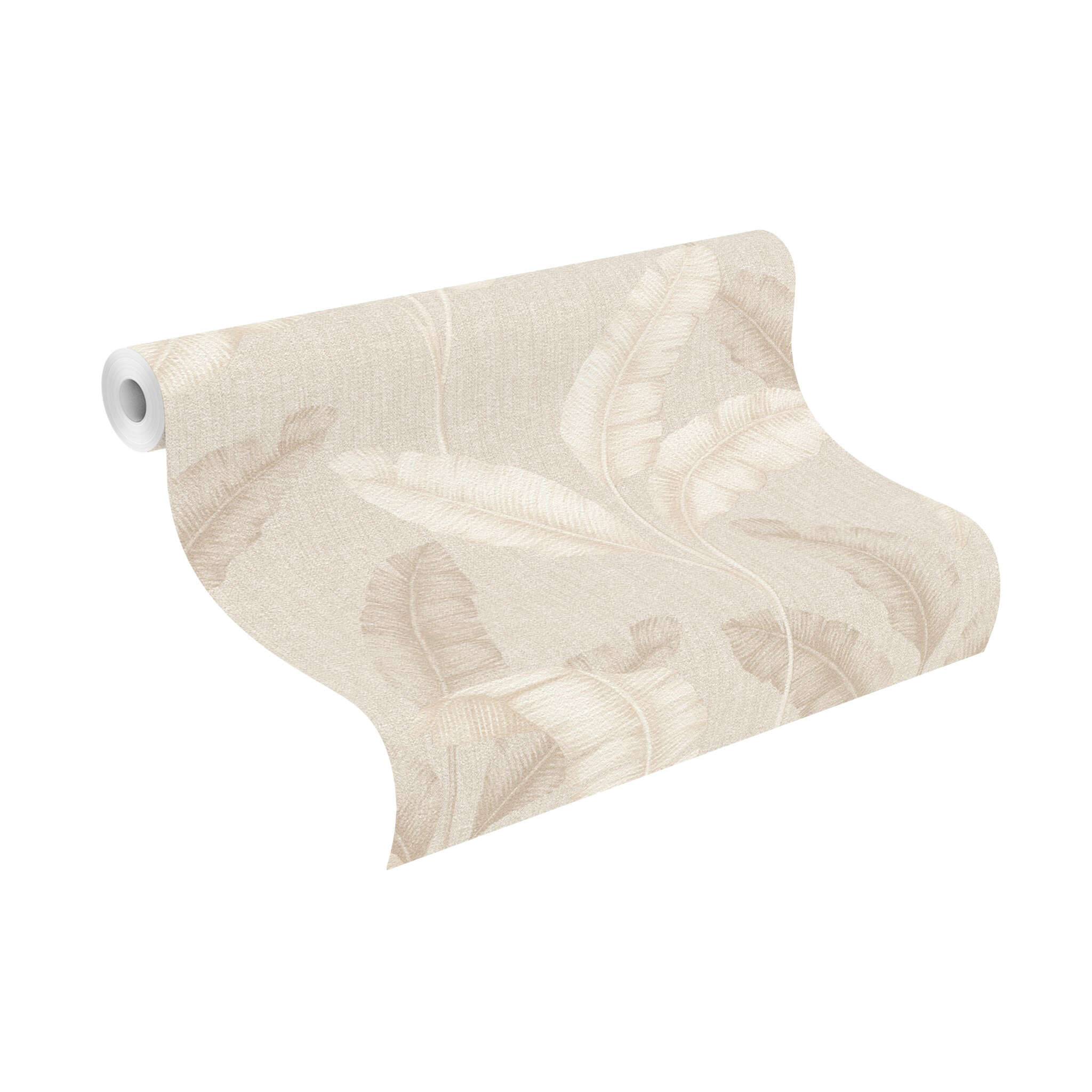 10-200331 Rolle abgerollt 1 Unrolled wallpaper roll with Friendly, light wallpaper with a tropical leaf design in tone-on-tone beige