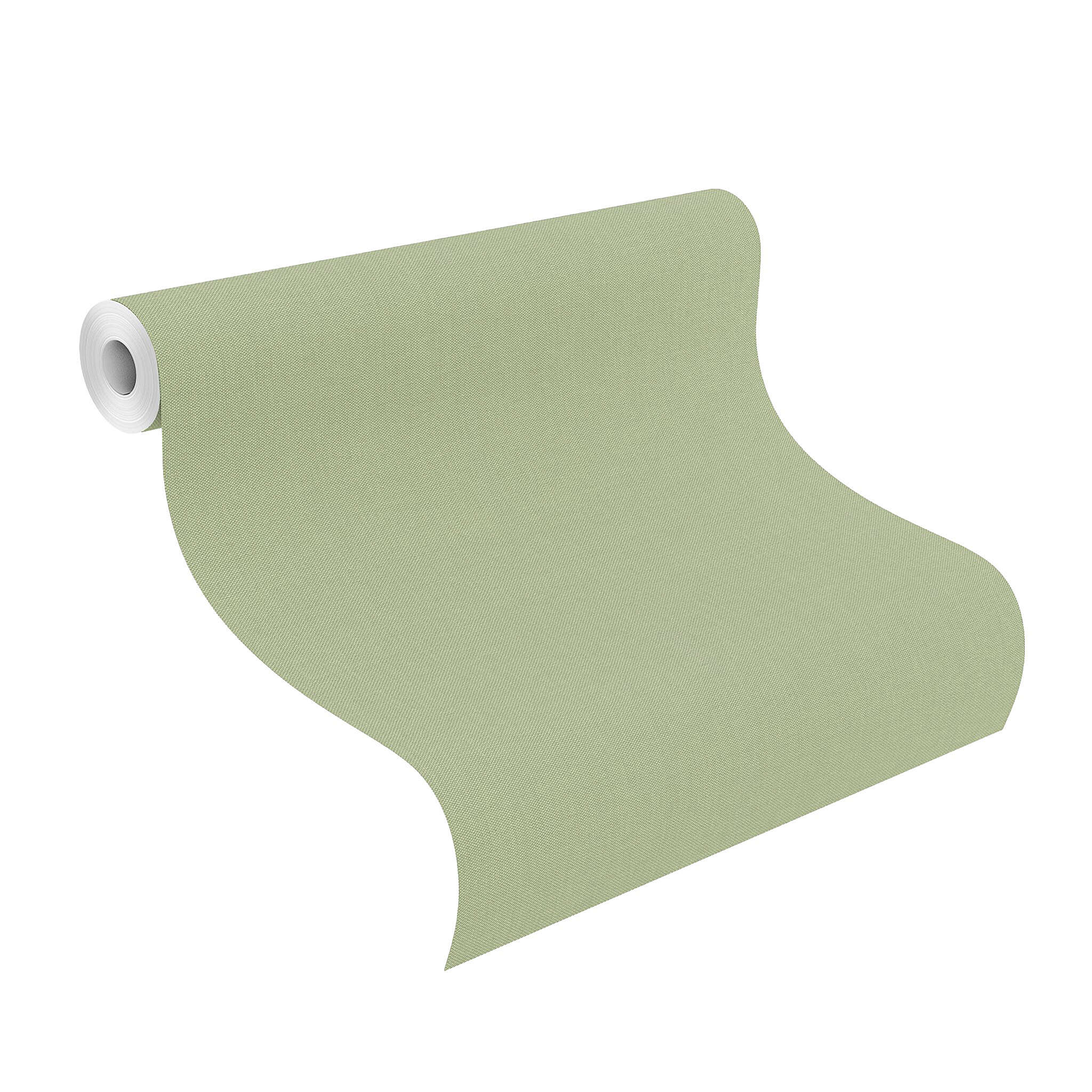 10-423938 Rolle abgerollt 1 Unrolled wallpaper roll with Single-colour non-woven wallpaper in pale green with a textile-like surface.