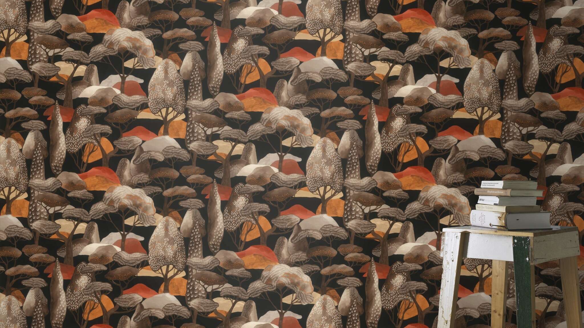 10-581225 Raumsituationen 3 Une chambre avec Papier peint avec paysage arboré stylisé et texture légère