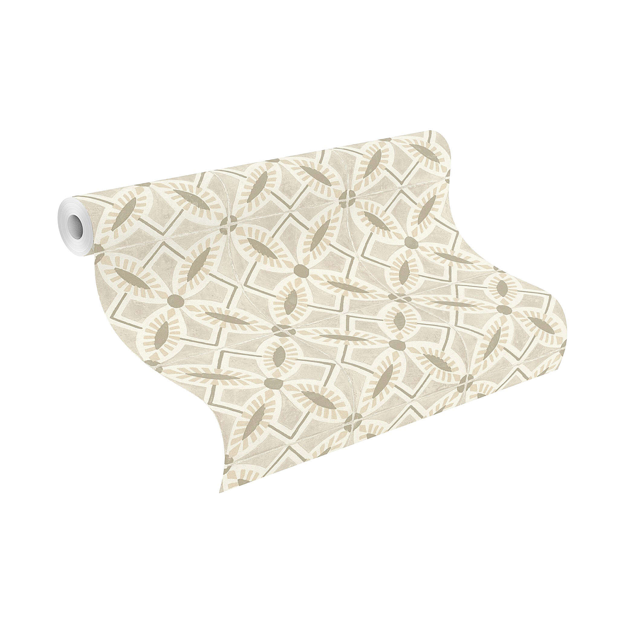 10-410266 Rolle abgerollt 1 Rouleau de déroulé avec Papier peint intissé beige avec motif géométrique dans le style des carreaux de ciment anciens