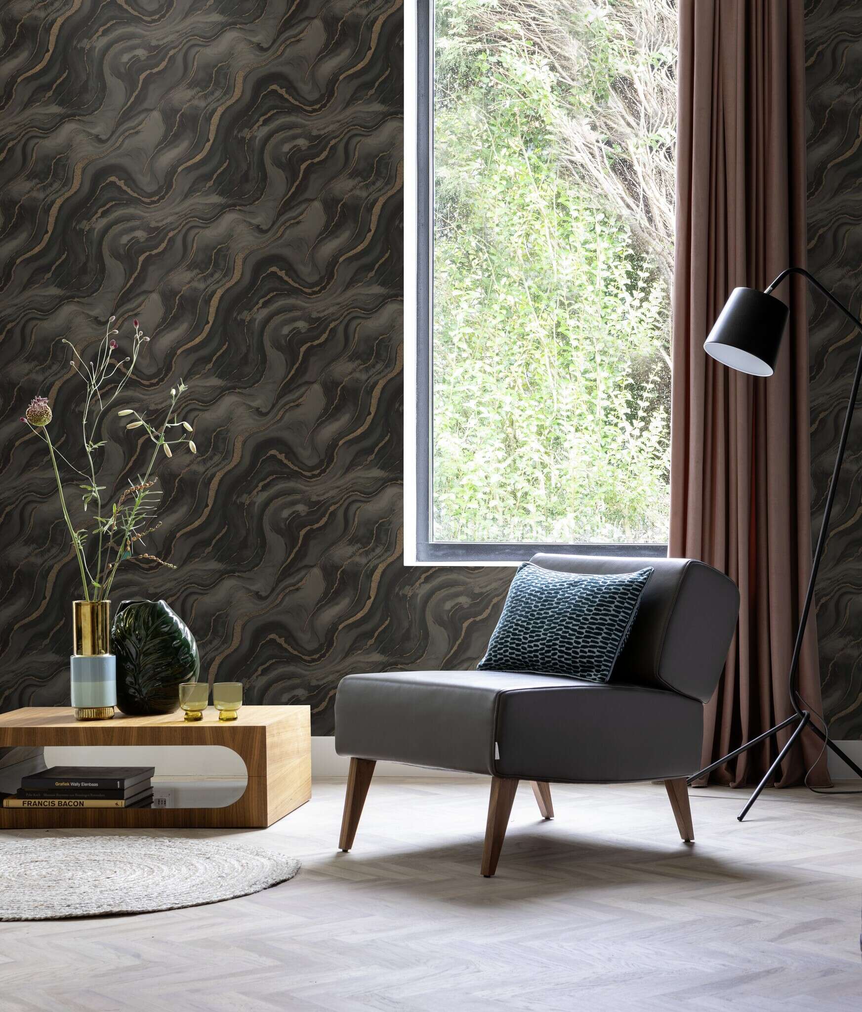 10-497663 Raumsituationen 3 Marble-effect wallpaper in dark grey - Factory VI Marmorea 497663