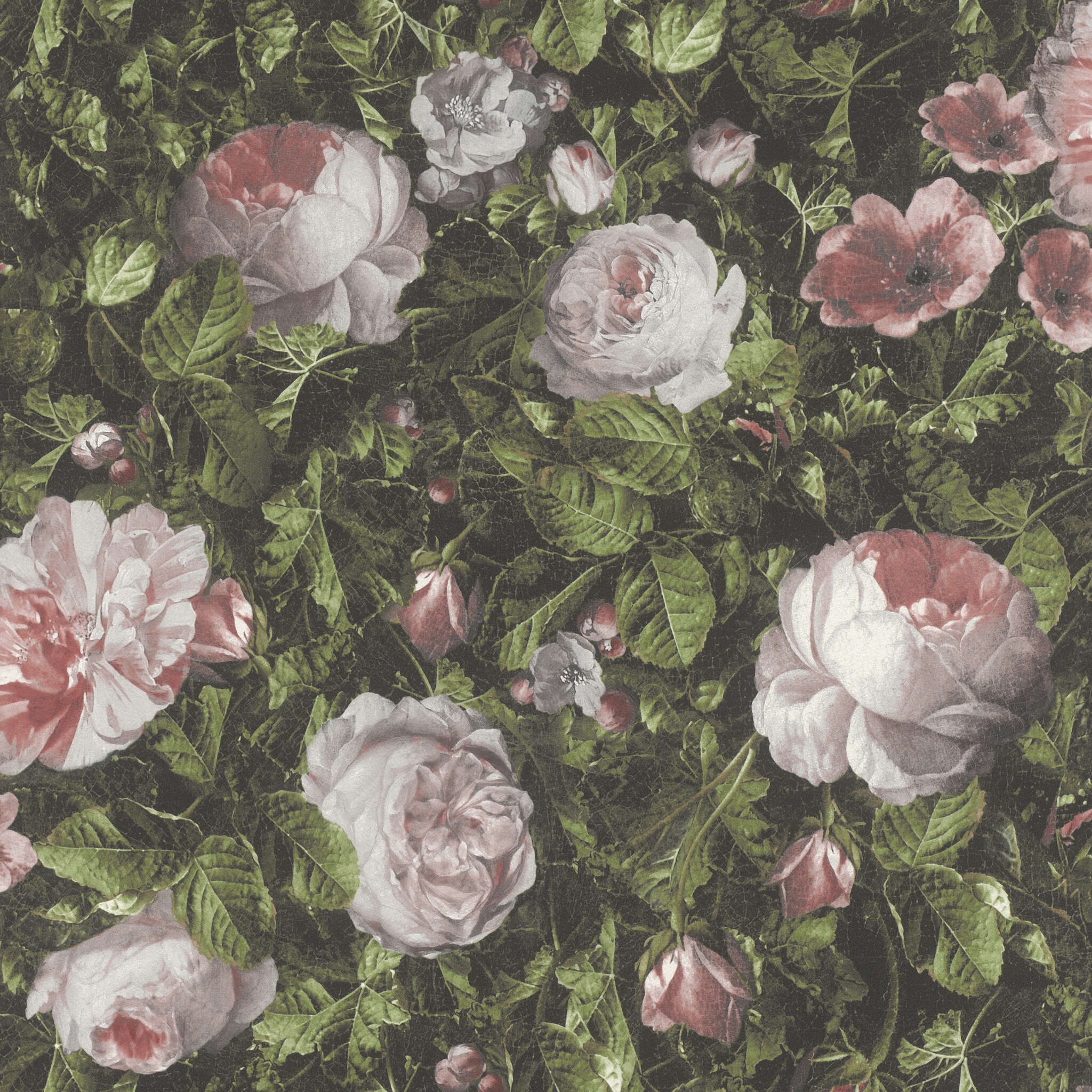 10-278316 Artikelscan 1 Blumentapete mit großen, detailreichen Rosen in Rosa und Weiß auf dichtem, dunklem Blattwerk