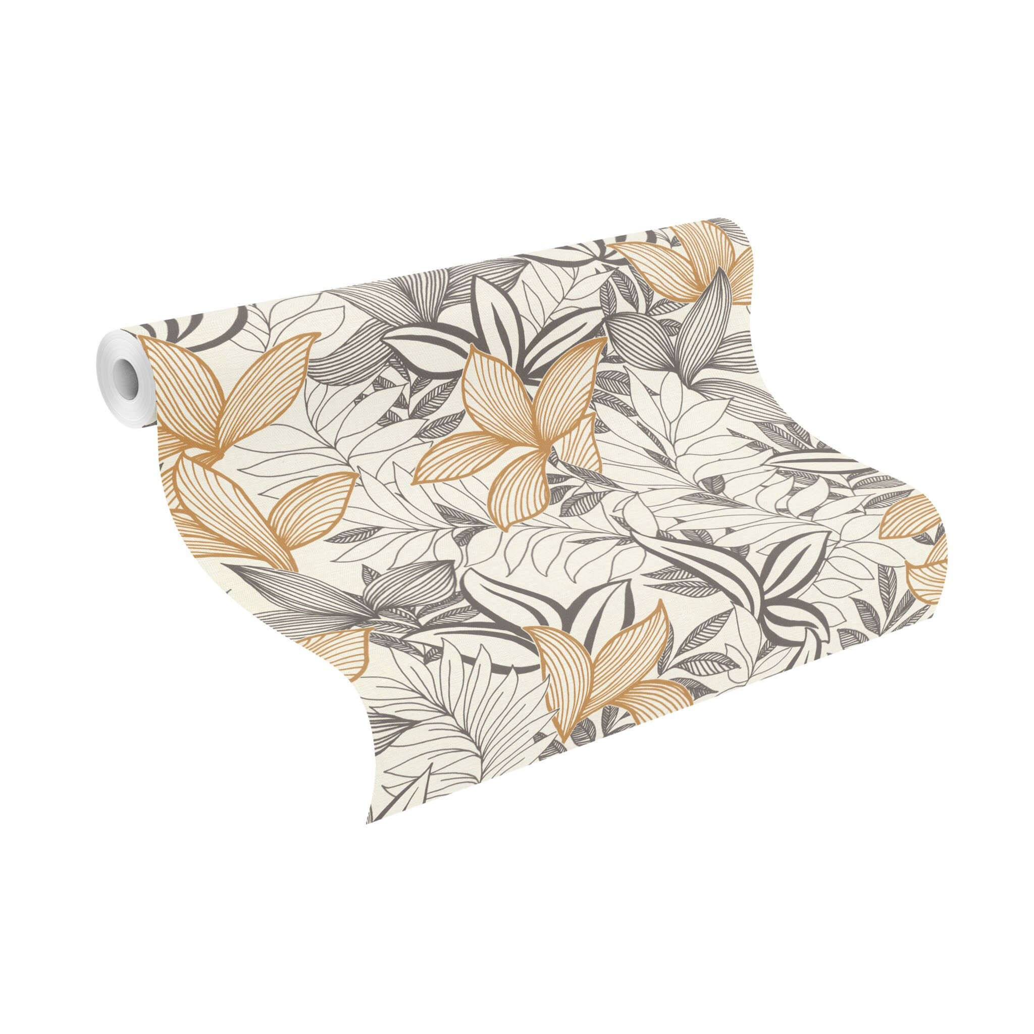 10-691009 Rolle abgerollt 1 Rouleau de déroulé avec Dessin esquissé de différentes feuilles en noir avec des détails en jaune doré sur fond blanc crème